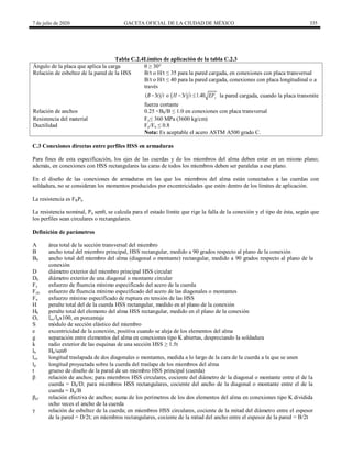 7 de julio de 2020 GACETA OFICIAL DE LA CIUDAD DE MÉXICO 335
Tabla C.2.4Límites de aplicación de la tabla C.2.3
Ángulo de la placa que aplica la carga θ ≥ 30°
Relación de esbeltez de la pared de la HSS B/t o H/t ≤ 35 para la pared cargada, en conexiones con placa transversal
B/t o H/t ≤ 40 para la pared cargada, conexiones con placa longitudinal o a
través
 
( 3 ) o 3 1.40 y
B t t H t t EF
   la pared cargada, cuando la placa transmite
fuerza cortante
Relación de anchos 0.25 <Bb/B ≤ 1.0 en conexiones con placa transversal
Resistencia del material Fy≤ 360 MPa (3600 kg/cm)
Ductilidad Fy/Fu ≤ 0.8
Nota: Es aceptable el acero ASTM A500 grado C.
C.3 Conexiones directas entre perfiles HSS en armaduras
Para fines de esta especificación, los ejes de las cuerdas y de los miembros del alma deben estar en un mismo plano;
además, en conexiones con HSS rectangulares las caras de todos los miembros deben ser paralelas a ese plano.
En el diseño de las conexiones de armaduras en las que los miembros del alma están conectados a las cuerdas con
soldadura, no se consideran los momentos producidos por excentricidades que estén dentro de los límites de aplicación.
La resistencia es FRPn
La resistencia nominal, Pn senθ, se calcula para el estado límite que rige la falla de la conexión y el tipo de ésta, según que
los perfiles sean circulares o rectangulares.
Definición de parámetros
A área total de la sección transversal del miembro
B ancho total del miembro principal, HSS rectangular, medido a 90 grados respecto al plano de la conexión
Bb ancho total del miembro del alma (diagonal o montante) rectangular, medido a 90 grados respecto al plano de la
conexión
D diámetro exterior del miembro principal HSS circular
Db diámetro exterior de una diagonal o montante circular
Fy esfuerzo de fluencia mínimo especificado del acero de la cuerda
Fyb esfuerzo de fluencia mínimo especificado del acero de las diagonales o montantes
Fu esfuerzo mínimo especificado de ruptura en tensión de las HSS
H peralte total del de la cuerda HSS rectangular, medido en el plano de la conexión
Hb peralte total del elemento del alma HSS rectangular, medido en el plano de la conexión
Ov lov/lpx100, en porcentaje
S módulo de sección elástico del miembro
e excentricidad de la conexión, positiva cuando se aleja de los elementos del alma
g separación entre elementos del alma en conexiones tipo K abiertas, despreciando la soldadura
k radio exterior de las esquinas de una sección HSS ≥ 1.5t
lb Hb/senθ
lov longitud traslapada de dos diagonales o montantes, medida a lo largo de la cara de la cuerda a la que se unen
lp longitud proyectada sobre la cuerda del traslape de los miembros del alma
t grueso de diseño de la pared de un miembro HSS principal (cuerda)
β relación de anchos; para miembros HSS circulares, cociente del diámetro de la diagonal o montante entre el de la
cuerda = Db/D; para miembros HSS rectangulares, cociente del ancho de la diagonal o montante entre el de la
cuerda = Bp/B
βef relación efectiva de anchos; suma de los perímetros de los dos elementos del alma en conexiones tipo K dividida
ocho veces el ancho de la cuerda
γ relación de esbeltez de la cuerda; en miembros HSS circulares, cociente de la mitad del diámetro entre el espesor
de la pared = D/2t; en miembros rectangulares, cociente de la mitad del ancho entre el espesor de la pared = B/2t
 