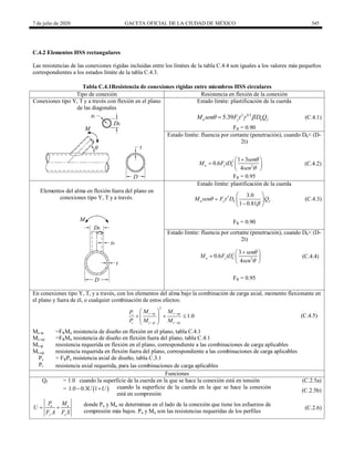 7 de julio de 2020 GACETA OFICIAL DE LA CIUDAD DE MÉXICO 345
C.4.2 Elementos HSS rectangulares
Las resistencias de las conexiones rígidas incluidas entre los límites de la tabla C.4.4 son iguales a los valores más pequeños
correspondientes a los estados límite de la tabla C.4.3.
Tabla C.4.1Resistencia de conexiones rígidas entre miembros HSS circulares
Tipo de conexión Resistencia en flexión de la conexión
Conexiones tipo Y, T y a través con flexión en el plano
de las diagonales
Estado límite: plastificación de la cuerda
2 0.5
5.39
n y b f
M sen F t D Q
  
 (C.4.1)
FR = 0.90
Estado límite: fluencia por cortante (penetración), cuando Db< (D-
2t)
2
2
1 3
0.6
4
n y b
sen
M F tD
sen



 
  
 
(C.4.2)
FR = 0.95
Elementos del alma en flexión fuera del plano en
conexiones tipo Y, T y a través.
Estado límite: plastificación de la cuerda
2 3.0
1 0.81
n y b f
M sen F t D Q


 
  

 
(C.4.3)
FR = 0.90
Estado límite: fluencia por cortante (penetración), cuando Db< (D-
2t)
2
2
3
0.6
4
n y b
sen
M F tD
sen



 
  
 
(C.4.4)
FR = 0.95
En conexiones tipo Y, T, y a través, con los elementos del alma bajo la combinación de carga axial, momento flexionante en
el plano y fuera de él, o cualquier combinación de estos efectos:
2
1.0
r ip r op
r
c c ip c op
M M
P
P M M
 
 
 
  
 
 
 
(C.4.5)
Mc-ip =FRMn resistencia de diseño en flexión en el plano, tabla C.4.1
Mc-op =FRMn resistencia de diseño en flexión fuera del plano, tabla C.4.1
Mr-ip resistencia requerida en flexión en el plano, correspondiente a las combinaciones de carga aplicables
Mr-op resistencia requerida en flexión fuera del plano, correspondiente a las combinaciones de carga aplicables
Pc = FRPn resistencia axial de diseño, tabla C.3.1
Pr resistencia axial requerida, para las combinaciones de carga aplicables
Funciones
Qf = 1.0 cuando la superficie de la cuerda en la que se hace la conexión está en tensión (C.2.5a)
=  
1.0 0.3 1
U U
  cuando la superficie de la cuerda en la que se hace la conexión
está en compresión
(C.2.5b)
u u
y y
P M
U
F A F S
 
donde Pu y Mu se determinan en el lado de la conexión que tiene los esfuerzos de
compresión más bajos. Pu y Mu son las resistencias requeridas de los perfiles
(C.2.6)
 