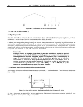 386 GACETA OFICIAL DE LA CIUDAD DE MÉXICO 7 de julio de 2020
Figura C-E.7.1 Ejemplos de uso de resortes elásticos.
APÉNDICE F.ANÁLISIS SÍSMICO
F.1 Aspectos generales
El análisis sísmico de las estructuras de acero se realizará con alguno de los métodos descritos en los Capítulos 2, 6 y 7 y en
el Apéndice A de las Normas Técnicas Complementarias para Diseño por Sismo.
Cuando se utilicen métodos de análisis dinámico no lineal, el modelo matemático de la estructura incluirá directamente las
características carga-deformación no lineales de los miembros que la componen; para ello, se introducirán elementos que
describan el comportamiento de las articulaciones plásticas en las secciones en las que pueden aparecer al formarse el
mecanismo de colapso, principalmente, aunque no exclusivamente, en las bases de las columnas y los extremos de las vigas.
Se supondrá que la respuesta del resto de la estructura es elástico lineal.
Comentario:
Cuando el daño en los elementos estructurales es moderado (incursión en el intervalo inelástico
controlada), los modelos de plasticidad concentrada, pueden ser una representación racional del
comportamiento del edificio si se pretende estudiar la evolución del daño y redistribuciones de
carga. El comportamiento histerético de las articulaciones plásticas de los miembros
estructurales de acero que se dañen predominantemente en flexión y que formen parte de
sistemas estructurales cuyas demandas máximas de distorsión no excedan las restricciones para
el estado límite de seguridad contra colapso (tablas 4.2.1 y 4.2.2 de las NTC-DS-17) pueden
establecerse con los diagramas que se discuten en este Apéndice.
F.2 Diagramas fuerza-deformación de las articulaciones plásticas
Se utilizará la curva fuerza-deformación generalizada de la Figura F.2.1, con los parámetros a, b y c definidos en las tablas
F.2.1 y F.2.2.
Figura F.2.1Curva fuerza-deformación generalizada para elementos de acero
En vigas y columnas se permite modificar la curva para incluir en ella el endurecimiento por deformación, dándole a la zona
BC una pendiente del 3 por ciento de la pendiente elástica.
 