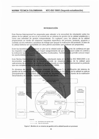 COLOMBIANA
NORMA T ~ C N T C A                              NTC-ISO 10005 (Segunda actualizacl6n)




Esta b r m a Internacional fue preparada para atender a la necesidad de orientacibn sobre los
planes de la calidad, ya sea en el contexto de un sistema de gestión de la calidad establecido o
como una actividad de gestibn independiente. En cualquier caso, las planes de la calidad
proporcionan un medio de relacionar requisitos especificas del proceso, producto, proyecto o
contrata con S rn6t:todosy practicas de trabajo que apoyan la realizaci6n del prducto. El plan de
              m




Esta Norma Int
documentos es




                                                                               de la calidad se aplican
                                                                               traves de la realizaci6n




                      ---
                      Lsyerids


                      -          AcUiildarlos qiie aportan vlilor
                                  Flujo de Enforrnnclbn

               Ffgura 9. Modelo de un sistema de gesti6n de la calidad basado en procesos
 