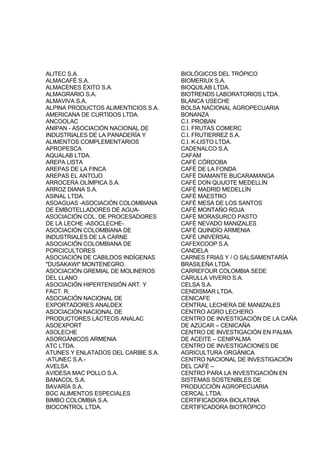 ALITEC S.A.
ALMACAFÉ S.A.
ALMACENES ÉXITO S.A.
ALMAGRARIO S.A.
ALMAVIVA S.A.
ALPINA PRODUCTOS ALIMENTICIOS S.A.
AMERICANA DE CURTIDOS LTDA.
ANCOOLAC
ANIPAN - ASOCIACIÓN NACIONAL DE
INDUSTRIALES DE LA PANADERÍA Y
ALIMENTOS COMPLEMENTARIOS
APROPESCA
AQUALAB LTDA.
AREPA LISTA
AREPAS DE LA FINCA
AREPAS EL ANTOJO
ARROCERA OLÍMPICA S.A.
ARROZ DIANA S.A.
ASINAL LTDA.
ASOAGUAS -ASOCIACIÓN COLOMBIANA
DE EMBOTELLADORES DE AGUA-
ASOCIACIÓN COL. DE PROCESADORES
DE LA LECHE -ASOCLECHE-
ASOCIACIÓN COLOMBIANA DE
INDUSTRIALES DE LA CARNE
ASOCIACIÓN COLOMBIANA DE
PORCICULTORES
ASOCIACIÓN DE CABILDOS INDÍGENAS
"DUSAKAWI" MONTENEGRO.
ASOCIACIÓN GREMIAL DE MOLINEROS
DEL LLANO
ASOCIACIÓN HIPERTENSIÓN ART. Y
FACT. R.
ASOCIACIÓN NACIONAL DE
EXPORTADORES ANALDEX
ASOCIACIÓN NACIONAL DE
PRODUCTORES LÁCTEOS ANALAC
ASOEXPORT
ASOLECHE
ASORGÁNICOS ARMENIA
ATC LTDA.
ATUNES Y ENLATADOS DEL CARIBE S.A.
-ATUNEC S.A.-
AVELSA
AVIDESA MAC POLLO S.A.
BANACOL S.A.
BAVARÍA S.A.
BGC ALIMENTOS ESPECIALES
BIMBO COLOMBIA S.A.
BIOCONTROL LTDA.
BIOLÓGICOS DEL TRÓPICO
BIOMERIUX S.A.
BIOQUILAB LTDA.
BIOTRENDS LABORATORIOS LTDA.
BLANCA USECHE
BOLSA NACIONAL AGROPECUARIA
BONANZA
C.I. PROBAN
C.I. FRUTAS COMERC
C.I. FRUTIERREZ S.A.
C.I. K-LISTO LTDA.
CADENALCO S.A.
CAFAM
CAFÉ CÓRDOBA
CAFÉ DE LA FONDA
CAFÉ DIAMANTE BUCARAMANGA
CAFÉ DON QUIJOTE MEDELLÍN
CAFÉ MADRID MEDELLÍN
CAFÉ MAESTRO
CAFÉ MESA DE LOS SANTOS
CAFÉ MONTAÑO ROJA
CAFÉ MORASURCO PASTO
CAFÉ NEVADO MANIZALES
CAFÉ QUINDÍO ARMENIA
CAFÉ UNIVERSAL
CAFEXCOOP S.A.
CANDELA
CARNES FRIAS Y / O SALSAMENTARÍA
BRASILEÑA LTDA.
CARREFOUR COLOMBIA SEDE
CARULLA VIVERO S.A.
CELSA S.A.
CENDISMAR LTDA.
CENICAFE
CENTRAL LECHERA DE MANIZALES
CENTRO AGRO LECHERO
CENTRO DE INVESTIGACIÓN DE LA CAÑA
DE AZÚCAR – CENICAÑA
CENTRO DE INVESTIGACIÓN EN PALMA
DE ACEITE – CENIPALMA
CENTRO DE INVESTIGACIONES DE
AGRICULTURA ORGÁNICA
CENTRO NACIONAL DE INVESTIGACIÓN
DEL CAFÉ –
CENTRO PARA LA INVESTIGACIÓN EN
SISTEMAS SOSTENIBLES DE
PRODUCCIÓN AGROPECUARIA
CERCAL LTDA.
CERTIFICADORA BIOLATINA
CERTIFICADORA BIOTRÓPICO
 