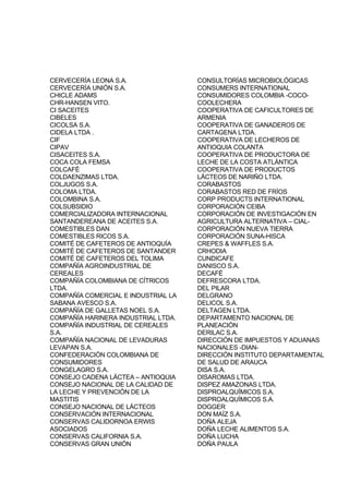 CERVECERÍA LEONA S.A.
CERVECERÍA UNIÓN S.A.
CHICLE ADAMS
CHR-HANSEN VITO.
CI SACEITES
CIBELES
CICOLSA S.A.
CIDELA LTDA .
CIF
CIPAV
CISACEITES S.A.
COCA COLA FEMSA
COLCAFÉ
COLDAENZIMAS LTDA.
COLJUGOS S.A.
COLOMA LTDA.
COLOMBINA S.A.
COLSUBSIDIO
COMERCIALIZADORA INTERNACIONAL
SANTANDEREANA DE ACEITES S.A.
COMESTIBLES DAN
COMESTIBLES RICOS S.A.
COMITÉ DE CAFETEROS DE ANTIOQUÍA
COMITÉ DE CAFETEROS DE SANTANDER
COMITÉ DE CAFETEROS DEL TOLIMA
COMPAÑÍA AGROINDUSTRIAL DE
CEREALES
COMPAÑÍA COLOMBIANA DE CÍTRICOS
LTDA.
COMPAÑÍA COMERCIAL E INDUSTRIAL LA
SABANA AVESCO S.A.
COMPAÑÍA DE GALLETAS NOEL S.A.
COMPAÑÍA HARINERA INDUSTRIAL LTDA.
COMPAÑÍA INDUSTRIAL DE CEREALES
S.A.
COMPAÑÍA NACIONAL DE LEVADURAS
LEVAPAN S.A.
CONFEDERACIÓN COLOMBIANA DE
CONSUMIDORES
CONGELAGRO S.A.
CONSEJO CADENA LÁCTEA – ANTIOQUIA
CONSEJO NACIONAL DE LA CALIDAD DE
LA LECHE Y PREVENCIÓN DE LA
MASTITIS
CONSEJO NACIONAL DE LÁCTEOS
CONSERVACIÓN INTERNACIONAL
CONSERVAS CALIDORNOA ERWIS
ASOCIADOS
CONSERVAS CALIFORNIA S.A.
CONSERVAS GRAN UNIÓN
CONSULTORÍAS MICROBIOLÓGICAS
CONSUMERS INTERNATIONAL
CONSUMIDORES COLOMBIA -COCO-
COOLECHERA
COOPERATIVA DE CAFICULTORES DE
ARMENIA
COOPERATIVA DE GANADEROS DE
CARTAGENA LTDA.
COOPERATIVA DE LECHEROS DE
ANTIOQUIA COLANTA
COOPERATIVA DE PRODUCTORA DE
LECHE DE LA COSTA ATLÁNTICA
COOPERATIVA DE PRODUCTOS
LÁCTEOS DE NARIÑO LTDA.
CORABASTOS
CORABASTOS RED DE FRÍOS
CORP PRODUCTS INTERNATIONAL
CORPORACIÓN CEIBA
CORPORACIÓN DE INVESTIGACIÓN EN
AGRICULTURA ALTERNATIVA – CIAL-
CORPORACIÓN NUEVA TIERRA
CORPORACIÓN SUNA-HISCA
CREPES & WAFFLES S.A.
CRHODIA
CUNDICAFE
DANISCO S.A.
DECAFÉ
DEFRESCORA LTDA.
DEL PILAR
DELGRANO
DELICOL S.A.
DELTAGEN LTDA.
DEPARTAMENTO NACIONAL DE
PLANEACIÓN
DERILAC S.A.
DIRECCIÓN DE IMPUESTOS Y ADUANAS
NACIONALES -DIAN-
DIRECCIÓN INSTITUTO DEPARTAMENTAL
DE SALUD DE ARAUCA
DISA S.A.
DISAROMAS LTDA.
DISPEZ AMAZONAS LTDA.
DISPROALQUÍMICOS S.A.
DISPROALQUÍMICOS S.A.
DOGGER
DON MAÍZ S.A.
DOÑA ALEJA
DOÑA LECHE ALIMENTOS S.A.
DOÑA LUCHA
DOÑA PAULA
 