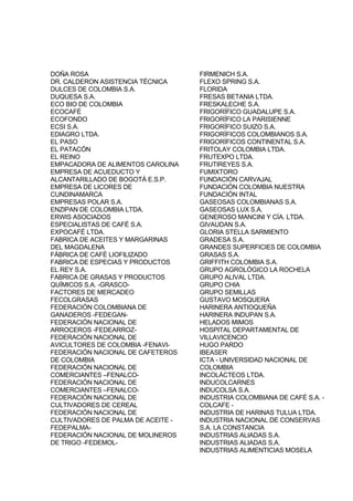 DOÑA ROSA
DR. CALDERON ASISTENCIA TÉCNICA
DULCES DE COLOMBIA S.A.
DUQUESA S.A.
ECO BIO DE COLOMBIA
ECOCAFÉ
ECOFONDO
ECSI S.A.
EDIAGRO LTDA.
EL PASO
EL PATACÓN
EL REINO
EMPACADORA DE ALIMENTOS CAROLINA
EMPRESA DE ACUEDUCTO Y
ALCANTARILLADO DE BOGOTÁ E.S.P.
EMPRESA DE LICORES DE
CUNDINAMARCA
EMPRESAS POLAR S.A.
ENZIPAN DE COLOMBIA LTDA.
ERWIS ASOCIADOS
ESPECIALISTAS DE CAFÉ S.A.
EXPOCAFÉ LTDA.
FABRICA DE ACEITES Y MARGARINAS
DEL MAGDALENA
FÁBRICA DE CAFÉ LIOFILIZADO
FABRICA DE ESPECIAS Y PRODUCTOS
EL REY S.A.
FABRICA DE GRASAS Y PRODUCTOS
QUÍMICOS S.A. -GRASCO-
FACTORES DE MERCADEO
FECOLGRASAS
FEDERACIÓN COLOMBIANA DE
GANADEROS -FEDEGAN-
FEDERACIÓN NACIONAL DE
ARROCEROS -FEDEARROZ-
FEDERACIÓN NACIONAL DE
AVICULTORES DE COLOMBIA -FENAVI-
FEDERACIÓN NACIONAL DE CAFETEROS
DE COLOMBIA
FEDERACIÓN NACIONAL DE
COMERCIANTES –FENALCO-
FEDERACIÓN NACIONAL DE
COMERCIANTES –FENALCO-
FEDERACIÓN NACIONAL DE
CULTIVADORES DE CEREAL
FEDERACIÓN NACIONAL DE
CULTIVADORES DE PALMA DE ACEITE -
FEDEPALMA-
FEDERACIÓN NACIONAL DE MOLINEROS
DE TRIGO -FEDEMOL-
FIRMENICH S.A.
FLEXO SPRING S.A.
FLORIDA
FRESAS BETANIA LTDA.
FRESKALECHE S.A.
FRIGORÍFICO GUADALUPE S.A.
FRIGORÍFICO LA PARISIENNE
FRIGORÍFICO SUIZO S.A.
FRIGORÍFICOS COLOMBIANOS S.A.
FRIGORÍFICOS CONTINENTAL S.A.
FRITOLAY COLOMBIA LTDA.
FRUTEXPO LTDA.
FRUTIREYES S.A.
FUMIXTORO
FUNDACIÓN CARVAJAL
FUNDACIÓN COLOMBIA NUESTRA
FUNDACIÓN INTAL
GASEOSAS COLOMBIANAS S.A.
GASEOSAS LUX S.A.
GENEROSO MANCINI Y CÍA. LTDA.
GIVAUDAN S.A.
GLORIA STELLA SARMIENTO
GRADESA S.A.
GRANDES SUPERFICIES DE COLOMBIA
GRASAS S.A.
GRIFFITH COLOMBIA S.A.
GRUPO AGROLÓGICO LA ROCHELA
GRUPO ALIVAL LTDA.
GRUPO CHIA
GRUPO SEMILLAS
GUSTAVO MOSQUERA
HARINERA ANTIOQUEÑA
HARINERA INDUPAN S.A.
HELADOS MIMOS
HOSPITAL DEPARTAMENTAL DE
VILLAVICENCIO
HUGO PARDO
IBEASER
ICTA - UNIVERSIDAD NACIONAL DE
COLOMBIA
INCOLÁCTEOS LTDA.
INDUCOLCARNES
INDUCOLSA S.A.
INDUSTRIA COLOMBIANA DE CAFÉ S.A. -
COLCAFE -
INDUSTRIA DE HARINAS TULUA LTDA.
INDUSTRIA NACIONAL DE CONSERVAS
S.A. LA CONSTANCIA
INDUSTRIAS ALIADAS S.A.
INDUSTRIAS ALIADAS S.A.
INDUSTRIAS ALIMENTICIAS MOSELA
 
