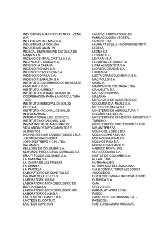 INDUSTRIAS ALIMENTICIAS NOEL - ZENU
S.A.
INDUSTRIAS DEL MAÍZ S.A.
INDUSTRIAS LA CORUÑA
INDUSTRIAS QUANTIK
INGECAL UNIVERSIDAD CATÓLICA DE
MANIZALES
INGENIO CENTRAL CASTILLA S.A.
INGENIO DEL CAUCA S.A.
INGENIO LA CABAÑA
INGENIO PICHICHI S.A.
INGENIO PROVIDENCIA S.A.
INGENIO RIOPAILA S.A.
INGENIO RISARALDA S.A.
INSTITUTO COLOMBIANO DE BIENESTAR
FAMILIAR - I.C.B.F.
INSTITUTO HUMBOLT
INSTITUTO INTERAMERICANO DE
COOPERACIÓN PARA LA AGRICULTURA
–IICA-
INSTITUTO MUNICIPAL DE SALUD
PEREIRA
INSTITUTO NACIONAL DE SALUD
INTERENZIMAS
INTERNATIONAL LIFE SCIENCES
INSTITUTE NOR ANDINO -ILSI-
INVIMA INSTITUTO NACIONAL DE
VIGILANCIA DE MEDICAMENTOS Y
ALIMENTOS
IVONNE BERNIER LABORATORIOS LTDA.
J. ROMERO INGENIERÍA
JOHN RESTREPO Y CIA LTDA.
KALAMARY
KELLOGG DE COLOMBIA S.A.
KOYOMAD PRODUCTOS CÁRNICOS S.A.
KRAFT FOODS COLOMBIA S.A.
LA CAMPIÑA S.A.
LA CASITA DE LAS FRESAS
LA CHINITA
LA PARCELA
LABORATORIO DE CONTROL DE
CALIDAD DEL EJERCITO
LABORATORIO GRAM
LABORATORIO MICROBIOLÓGICO DE
BARRANQUILLA
LABORATORIO MICROBIOLÓGICO SIS
LABORATORIOS A.B.B.A.
LÁCTEOS DEL CAMPO S.A.
LÁCTEOS EL CORTIJO
LÁCTEOS SUPERIOR
LAFARVE LABORATORIO DE
FARMACOLOGÍA VEGETAL
LARKIN LTDA.
LAURA PASCULLI - INDEPENDIENTE??
LEDESA
LEONA S.A.
LESNIAK E.U
LEVAPÁN S.A.
LICORERA DE CAQUETÁ
LISTA ALIMENTICIA S.A.
LLOREDA GRASAS S.A.
LUCITANIA
LUCTA GRANCOLOMBIANA S.A.
MAC POLLO S.A.
MAMA-IA
MAMIPAN DE COLOMBIA LTDA.
MANUELITA S.A.
MARCAS PROPIAS
MASAPAN
MERCADEO DE ALIMENTOS DE
COLOMBIA S.A. MEALS S.A.
MERCK COLOMBIA S.A.
MINISTERIO DE AGRICULTURA Y
DESARROLLO RURAL
MINISTERIO DE COMERCIO, INDUSTRIA Y
TURISMO
MINISTERIO DE PROTECCIÓN SOCIAL
MIRIAM TERESA
MOLINO EL LOBO LTDA
MOLINO SANTA MARTA
MOLINOS PAJONALES
MOLINOS ROA S.A.
MOLINOS SAN MARTÍN
NABISCO ROYAL INC
NCR COLOMBIA S.A.
NESTLÉ DE COLOMBIA S.A.
NULAB LTDA.
NUTRIANÁLISIS
NUTRIPESCA DEL AMAZONAS
O & B CONSULTORES ASESORES
ASOCIADOS
OCATI COLOMBIAN TROPICAL FRUITS
OLÍMPICA S.A.
OMA
ORO VERDE
PARMALAT -PROLECHE-
PASCO
PASIFLORA COLOMBIANA S.A. -
PASSICOL-
PASTEURIZADORA HOMOLAC
 