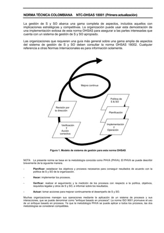 NORMA TÉCNICA COLOMBIANA NTC-OHSAS 18001 (Primera actualización)
La gestión de S y SO abarca una gama completa de aspectos, incluidos aquellos con
implicaciones estratégicas y competitivas. La organización puede usar esta demostración de
una implementación exitosa de esta norma OHSAS para asegurar a las partes interesadas que
cuenta con un sistema de gestión de S y SO apropiado.
Las organizaciones que requieren una guía más general sobre una gama amplia de aspectos
del sistema de gestión de S y SO deben consultar la norma OHSAS 18002. Cualquier
referencia a otras Normas Internacionales es para información solamente.
Mejora continua
Revisión por
la dirección
y
Acción
Verificación
correctiva
Operación
Implementación
y
Planificación
Política de
S & SO
Figura 1. Modelo de sistema de gestión para esta norma OHSAS
NOTA La presente norma se basa en la metodología conocida como PHVA (PHVA). El PHVA se puede describir
brevemente de la siguiente manera.
- Planificar: establecer los objetivos y procesos necesarios para conseguir resultados de acuerdo con la
política de S y SO de la organización.
- Hacer: implementar los procesos.
- Verificar: realizar el seguimiento y la medición de los procesos con respecto a la política, objetivos,
requisitos legales y otros de S y SO, e informar sobre los resultados.
- Actuar: tomar acciones para mejorar continuamente el desempeño de S y SO.
Muchas organizaciones manejan sus operaciones mediante la aplicación de un sistema de procesos y sus
interacciones, que se puede denominar como "enfoque basado en procesos". La norma ISO 9001 promueve el uso
de un enfoque basado en procesos. Ya que la metodología PHVA se puede aplicar a todos los procesos, las dos
metodologías se consideran compatibles.
 