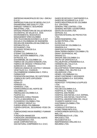 EMPRESAS MUNICIPALES DE CALI - EMCALI
E.I.C.E-
EMPRESAS PUBLICAS DE MEDELLÍN E.S.P.
ENGINEERING AND QUALITY LTDA.
ENRIQUE TORRES S. SEGURIDAD
INDUSTRIAL LTDA.
ENTIDAD PROMOTORA DE SALUD SERVICIO
OCCIDENTAL DE SALUD S.A. -SOS-
ENVIRONMENTAL RESOURCES
MANAGEMENT ERM COLOMBIA
EPM TELECOMUNICACIONES S.A. E.S.P.
ESCUELA COLOMBIANA DE INGENIERÍA
ESCUELA DE AVIACIÓN LOS HALCONES S.A.
ESPUMLATEX S.A.
ESTRUMONT LTDA.
ESTUDIOS TÉCNICOS S.A.
ETERNA S.A.
ETERNIT COLOMBIANA S.A.
EXCEL GESTIÓN AMBIENTAL LTDA.
EXTRUCOL S.A.
EXXONMOBIL DE COLOMBIA S.A.
FABRICA DE CALZADO KONDOR LTDA.
FABRICA DE GRASAS Y PRODUCTOS
QUÍMICOS S.A. -GRASCO-
FABRICAS UNIDAS DE ACEITES Y GRASAS
VEGETALES S.A. -FAGRAVE-
FALCONBRIDGE DOMINICANA C. POR A.
FARMACOOP
FEDERACIÓN NACIONAL DE CAFETEROS
-FABRICA DE CAFÉ LIOFILIZADO-
FEDOPTO
FENALCO
FERRASA S.A.
FERRESOL LTDA.
FERROCARRILES DEL NORTE DE
COLOMBIA S.A.
FIBERGLASS COLOMBIA S.A.
FILMTEX S.A.
FINANCIERA COMULTRASAN
FLOTA LA MACARENA S.A.
FLOWSERVE COLOMBIA LTDA.
FTC ENERGY GROUP S.A.
FUERZA AÉREA COLOMBIANA
FUERZA ESPECIAL, SEGURIDAD -FESE CÍA
LTDA.-
FUMIGACIONES NAVIA RAMÍREZ -FUMINAR
LTDA.-
FUNDACIÓN AMANECER
FUNDACIÓN UNIVERSIDAD DEL NORTE
FYR INGENIEROS LTDA.
GAGIE CORPORATION S.A.
GAS NATURAL COMPRIMIDO S.A. G.N.C.
GASES DE BOYACÁ Y SANTANDER S.A.
GASES DE OCCIDENTE S.A. E.S.P.
GASES INDUSTRIALES DE COLOMBIA
S.A. -CRYOGAS-
GENERAL FIRE CONTROL LTDA.
GENERAL MOTORS -COLMOTORES-
GENTE EN ACCIÓN LTDA.
GEPECOL S.A.
GESTIÓN INTEGRAL DE PROYECTOS
LTDA.
GIREM INGENIERIA LTDA.
GLOBO PETROL LTDA.
GLORIA S.A.
GOODYEAR DE COLOMBIA S.A.
GRADESA S.A.
GRÁFICAS GUTENBERG LTDA.
GRAN TIERRA ENERGY COLOMBIA LTD.
GRANT GEOPHISICAL INC.
GRASAS S.A.
GROUPE SEB COLOMBIA S.A.
GRUPO OP GRAFICAS S.A.
HALLIBURTON LATINAMERICA S.A.
HARINERA DEL VALLE S.A.
HELICENTRO LTDA.
HELICÓPTEROS TERRITORIALES DE
COLOMBIA LTDA. HELITEC S.A.
HELISERVICE LTDA.
HENKEL COLOMBIANA S.A.
HENRY EASTMOND Y ASOCIADOS
HEXION QUÍMICA S.A. SUCURSAL
EXTRANJERA
HIDROTEST TYPEERING & SUPPLIES
LTDA.
HOCOL S.A.
HOLCIM (COLOMBIA) S.A.
HOSPITAL EL TUNAL E.S.E.
HOSPITAL SAN PEDRO
HOSPITAL SAN RAFAEL E.S.E. ESPINAL.
HOSPITAL SAN RAFAEL FACATATIVA
HOSPITAL UNIVERSITARIO DEL VALLE
“EVARISTO GARCÍA” E.S.E.
HUNTSMAN COLOMBIA LTDA.
HUPECOL LLC
HYDRAULIC SYSTEM S.A.
HYDRO TRANS MITA S.R.L.
HYDROCARBON SERVICES LTDA.
IMAL S.A.
IMPERMEABLES H.R. LTDA.
IMPLESEG LTDA.
INCOLBESTOS S.A.
INDEPENDENCE DRILLING S.A.
INDUMINA LTDA.
 