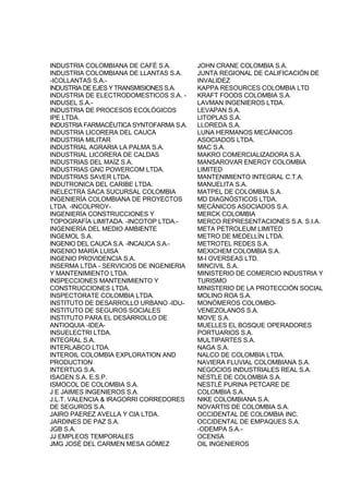 INDUSTRIA COLOMBIANA DE CAFÉ S.A.
INDUSTRIA COLOMBIANA DE LLANTAS S.A.
-ICOLLANTAS S.A.-
INDUSTRIA DE EJES Y TRANSMISIONES S.A.
INDUSTRIA DE ELECTRODOMESTICOS S.A. -
INDUSEL S.A.-
INDUSTRIA DE PROCESOS ECOLÓGICOS
IPE LTDA.
INDUSTRIA FARMACÉUTICA SYNTOFARMA S.A.
INDUSTRIA LICORERA DEL CAUCA
INDUSTRIA MILITAR
INDUSTRIAL AGRARIA LA PALMA S.A.
INDUSTRIAL LICORERA DE CALDAS
INDUSTRIAS DEL MAÍZ S.A.
INDUSTRIAS GNC POWERCOM LTDA.
INDUSTRIAS SAVER LTDA.
INDUTRONICA DEL CARIBE LTDA.
INELECTRA SACA SUCURSAL COLOMBIA
INGENIERÍA COLOMBIANA DE PROYECTOS
LTDA. -INCOLPROY-
INGENIERÍA CONSTRUCCIONES Y
TOPOGRAFÍA LIMITADA. -INCOTOP LTDA.-
INGENIERÍA DEL MEDIO AMBIENTE
INGEMOL S.A.
INGENIO DEL CAUCA S.A. -INCAUCA S.A.-
INGENIO MARÍA LUISA
INGENIO PROVIDENCIA S.A.
INSERMA LTDA - SERVICIOS DE INGENIERIA
Y MANTENIMIENTO LTDA.
INSPECCIONES MANTENIMIENTO Y
CONSTRUCCIONES LTDA.
INSPECTORATE COLOMBIA LTDA.
INSTITUTO DE DESARROLLO URBANO -IDU-
INSTITUTO DE SEGUROS SOCIALES
INSTITUTO PARA EL DESARROLLO DE
ANTIOQUIA -IDEA-
INSUELECTRI LTDA.
INTEGRAL S.A.
INTERLABCO LTDA.
INTEROIL COLOMBIA EXPLORATION AND
PRODUCTION
INTERTUG S.A.
ISAGEN S.A. E.S.P.
ISMOCOL DE COLOMBIA S.A.
J E JAIMES INGENIEROS S.A.
J.L.T. VALENCIA & IRAGORRI CORREDORES
DE SEGUROS S.A.
JAIRO PAEREZ AVELLA Y CIA LTDA.
JARDINES DE PAZ S.A.
JGB S.A.
JJ EMPLEOS TEMPORALES
JMG JOSÉ DEL CARMEN MESA GÓMEZ
JOHN CRANE COLOMBIA S.A.
JUNTA REGIONAL DE CALIFICACIÓN DE
INVALIDEZ
KAPPA RESOURCES COLOMBIA LTD
KRAFT FOODS COLOMBIA S.A.
LAVMAN INGENIEROS LTDA.
LEVAPAN S.A.
LITOPLAS S.A.
LLOREDA S.A.
LUNA HERMANOS MECÁNICOS
ASOCIADOS LTDA.
MAC S.A.
MAKRO COMERCIALIZADORA S.A.
MANSAROVAR ENERGY COLOMBIA
LIMITED
MANTENIMIENTO INTEGRAL C.T.A.
MANUELITA S.A.
MATPEL DE COLOMBIA S.A.
MD DIAGNÓSTICOS LTDA.
MECÁNICOS ASOCIADOS S.A.
MERCK COLOMBIA
MERCO REPRESENTACIONES S.A. S.I.A.
META PETROLEUM LIMITED
METRO DE MEDELLÍN LTDA.
METROTEL REDES S.A.
MEXICHEM COLOMBIA S.A.
M-I OVERSEAS LTD.
MINCIVIL S.A.
MINISTERIO DE COMERCIO INDUSTRIA Y
TURISMO
MINISTERIO DE LA PROTECCIÓN SOCIAL
MOLINO ROA S.A.
MONÓMEROS COLOMBO-
VENEZOLANOS S.A.
MOVE S.A.
MUELLES EL BOSQUE OPERADORES
PORTUARIOS S.A.
MULTIPARTES S.A.
NAGA S.A.
NALCO DE COLOMBIA LTDA.
NAVIERA FLUVIAL COLOMBIANA S.A.
NEGOCIOS INDUSTRIALES REAL S.A.
NESTLE DE COLOMBIA S.A.
NESTLÉ PURINA PETCARE DE
COLOMBIA S.A.
NIKE COLOMBIANA S.A.
NOVARTIS DE COLOMBIA S.A.
OCCIDENTAL DE COLOMBIA INC.
OCCIDENTAL DE EMPAQUES S.A.
-ODEMPA S.A.-
OCENSA
OIL INGENIEROS
 