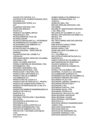 OLEODUCTO CENTRAL S.A.
OLEODUCTO DE CRUDOS PESADOS (OCP)
ECUADOR S.A.
ORGANIZACIÓN TERPEL S.A.
OXY
PALMERAS SANTANA LTDA.
PAPELERÍA MÓNACO
PAVCO S.A.
PERENCO COLOMBIA LIMITED
PERSONALES LTDA.
PETROCOMERCIAL FILIAL DE
PETROECUADOR
PETRÓLEO BRASILEIRO S.A. -PETROBRAS-
PETROMINERALES COLOMBIA LTDA
PETROQUÍMICA COLOMBIANA S.A.
PETROSANTANDER
PETROTESTING COLOMBIA S.A.
POLICÍA NACIONAL - DIRECCIÓN DE
SANIDAD-
POLIPROPILENO DEL CARIBE S.A.
-PROPILCO-
PRECISION ENERGY SERVICES COLOMBIA
PREVENSA LTDA.
PRIDE COLOMBIA SERVICES
PRISMA COMPAÑÍA DE SEGURIDAD LTDA.
PROAMBIENTE LTDA.
PROCIMEC INGENIERÍA LTDA.
PRODESEG INDUSTRIAL LTDA.
PRODUCCIÓN Y GESTIÓN LTDA.
PRODUCTORA CARTONERA S.A.
PRODUCTORA DE ALAMBRES
COLOMBIANOS S.A.
PRODUCTORA DE JUGOS S.A.
PRODUCTORA DE PAPELES S.A. -PROPAL-
PRODUCTOS ALIMENTICIOS DORIA S A.
PRODUCTOS DERIVADOS DE LA SAL S.A. -
PRODESAL-
PRODUCTOS QUÍMICOS PANAMERICANOS S.A.
PRODUCTOS YUPI S.A.
PROFICOL S.A.
PROMIGAS S.A.
PROTSEIN -PROTECCIÓN Y SEGURIDAD
INDUSTRIAL-
PROVEEDOR & SERCARGA S.A.
PROVEEMOS S.A.
PROVEER ALIANZA LOGÍSTICA S.A.
PROVEER SURAMERICANA LTDA.
PROYECTOS AMBIENTALES LTDA.
PROYECTOS Y SISTEMAS CONTABLES
LTDA.
PVC GERFOR S.A.
QUALA S.A.
QUÍMICA BÁSICA COLOMBIANA S.A.
QUÍMICA INTERNACIONAL S.A.
-QUINTAL-
QUÍMICOS OMA LTDA.
REEVES WIRELINE SERVICES LTDA.
COLOMBIA
RELIABILITY MAINTENANCE SERVICES
LTDA. RMS LTDA.
RELLENOS DE COLOMBIA S.A. E.S.P.
REPSOL EXPLORACIÓN COLOMBIA S.A.
REPSOL YPF
RÍO SUR S.A.
RÍO TINTO MINING AND EXPLORATION
COLOMBIA
RISK MASTER CONSULTORES
ROCSA COLOMBIA S.A.
RODAR CARGA LTDA.
ROHM AND HASS COLOMBIA S.A.
RONELLY S.A.
S.L.I. COLOMBIA S.A.
SAC ESTRUCTURAS METÁLICAS S.A.
SADEVEN S.A.
SANOFI AVENTIS DE COLOMBIA S.A.
SANTANDEREANA DE DESECHOS
SÓLIDOS SANDESOL LTDA.
SAXON SERVICES DE PANAMÁ S.A.
SUCURSAL
SAYBOLT DE COLOMBIA LTDA
SCHERING - PLOUGH S.A. COLOMBIA
SCHLUMBERGER SURENCO S.A.
SCHNEIDER ELECTRIC DE COLOMBIA S.A.
SCHRADER CAMARGO ING ASOC.
SEGURIDAD ATLAS LTDA.
SEGURIDAD LABORAL PANAMÁ S.A.
SEGURIDAD PROTECCIÓN Y
SOLDADURA LTDA.
SEGURIDAD PUNTUAL LTDA.
SEGURIDAD SEGAL LTDA.
SEGURIDAD TÉCNICA S.A.
SEGUROS DE VIDA ALFA S.A. ARP
SENA REGIONAL ANTIOQUIA
SENA REGIONAL CALDAS
SENA REGIONAL SANTANDER
SERVICES S.A.
SERVICIOS AÉREOS PANAMERICANOS
-SARPA LTDA.-
SERVICIOS ASOCIADOS LTDA.
SERVICIOS DAZA S.A.
SERVICIOS DE INGENIERÍA DEL
CASANARE SERINGCA LTDA.
SERVICIOS ENERGÉTICOS S.A.
 