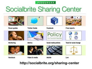 RESOURCES



Socialbrite Sharing Center




    http://socialbrite.org/sharing-center
 