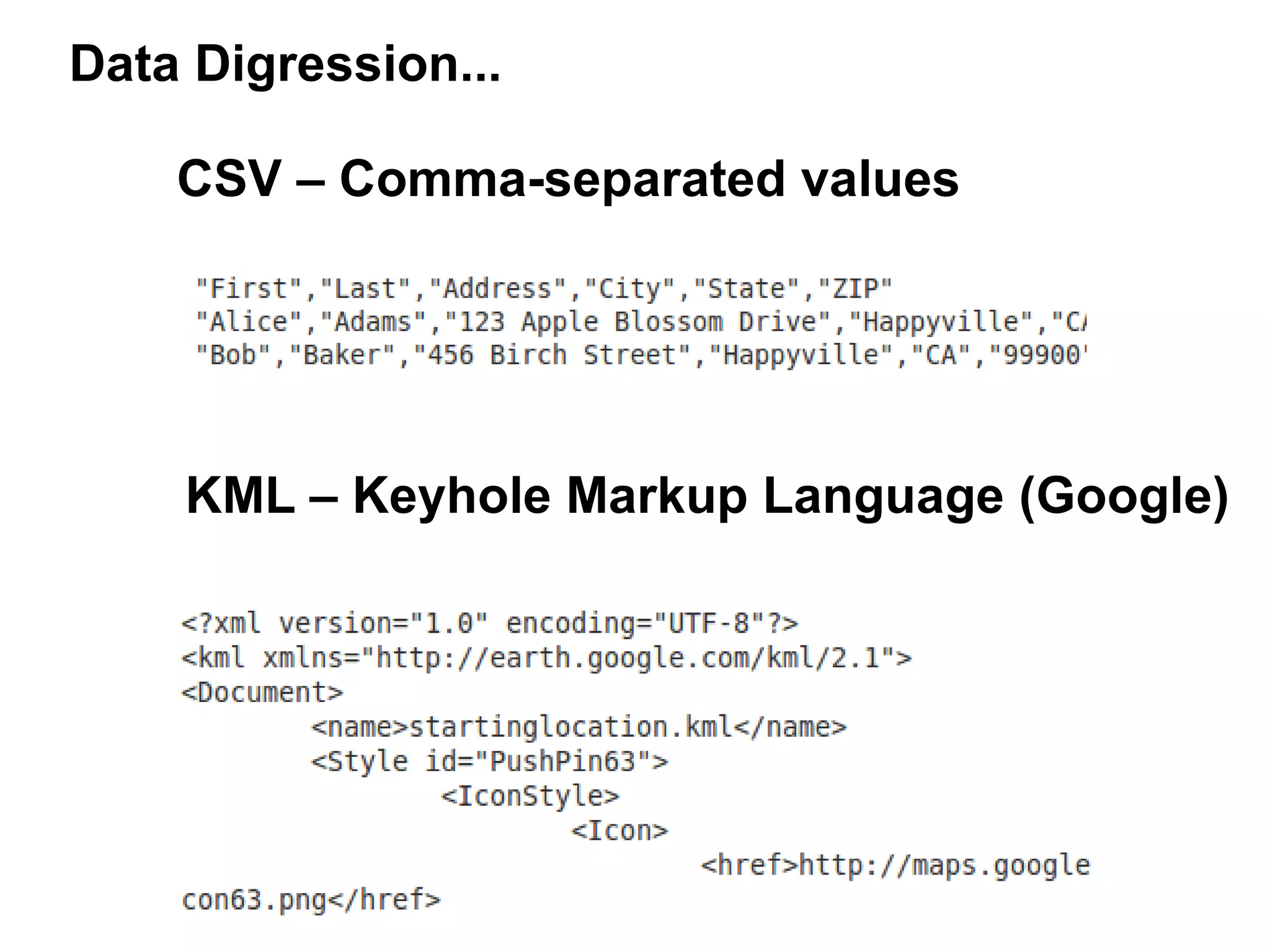 Data Digression...

    CSV – Comma-separated values




    KML – Keyhole Markup Language (Google)
 
