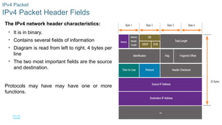 12
© 2016 Cisco and/or its affiliates. All rights reserved. Cisco Confidential
IPv4 Packet
IPv4 Packet Header Fields
The IPv4 network header characteristics:
• It is in binary.
• Contains several fields of information
• Diagram is read from left to right, 4 bytes per
line
• The two most important fields are the source
and destination.
Protocols may have may have one or more
functions.
 