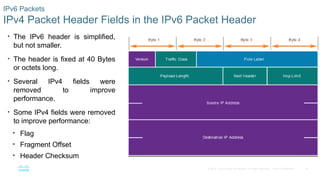 16
© 2016 Cisco and/or its affiliates. All rights reserved. Cisco Confidential
IPv6 Packets
IPv4 Packet Header Fields in the IPv6 Packet Header
• The IPv6 header is simplified,
but not smaller.
• The header is fixed at 40 Bytes
or octets long.
• Several IPv4 fields were
removed to improve
performance.
• Some IPv4 fields were removed
to improve performance:
• Flag
• Fragment Offset
• Header Checksum
 