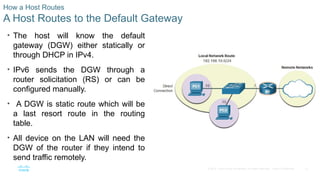 22
© 2016 Cisco and/or its affiliates. All rights reserved. Cisco Confidential
How a Host Routes
A Host Routes to the Default Gateway
• The host will know the default
gateway (DGW) either statically or
through DHCP in IPv4.
• IPv6 sends the DGW through a
router solicitation (RS) or can be
configured manually.
• A DGW is static route which will be
a last resort route in the routing
table.
• All device on the LAN will need the
DGW of the router if they intend to
send traffic remotely.
 