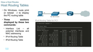 23
© 2016 Cisco and/or its affiliates. All rights reserved. Cisco Confidential
How a Host Routes
Host Routing Tables
• On Windows, route print
or netstat -r to display
the PC routing table
• Three sections
displayed by these two
commands:
• Interface List – all
potential interfaces and
MAC addressing
• IPv4 Routing Table
• IPv6 Routing Table
 