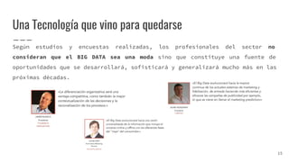 Una Tecnología que vino para quedarse
Según estudios y encuestas realizadas, los profesionales del sector no
consideran que el BIG DATA sea una moda sino que constituye una fuente de
oportunidades que se desarrollará, sofisticará y generalizará mucho más en las
próximas décadas.
15
 