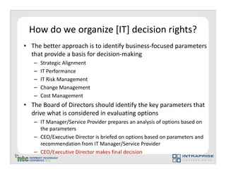 How do we organize [IT] decision rights?
• The better approach is to identify business-focused parameters
  that provide a basis for decision-making
   –   Strategic Alignment
   –   IT Performance
   –   IT Risk Management
   –   Change Management
   –   Cost Management
• The Board of Directors should identify the key parameters that
  drive what is considered in evaluating options
   – IT Manager/Service Provider prepares an analysis of options based on
     the parameters
   – CEO/Executive Director is briefed on options based on parameters and
     recommendation from IT Manager/Service Provider
   – CEO/Executive Director makes final decision
 