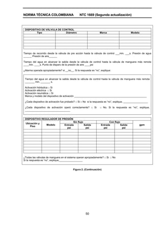 NORMA TÉCNICA COLOMBIANA NTC 1669 (Segunda actualización)
50
DISPOSITIVO DE VÁLVULA DE CONTROL
Tipo Diámetro Marca Modelo
Tiempo de recorrido desde la válvula de pre acción hasta la válvula de control ___min. ___s. Presión de agua
______ Presión de aire______
Tiempo del agua en alcanzar la salida desde la válvula de control hasta la válvula de manguera más remota
____min. ____s. Punto de disparo de la presión de aire ____psi
¿Alarma operada apropiadamente? si __no__. Si la respuesta es ”no”, explique:
Tiempo del agua en alcanzar la salida desde la válvula de control hasta la válvula de manguera más remota
_______ min. _______ s.
Activación hidráulica □ Si
Activación eléctrica □ Si
Activación neumática □ Si
Marca y modelo del dispositivo de activación _____________________________________________________
¿Cada dispositivo de activación fue probado? □ Si □ No si la respuesta es “no”, explique, __________________
¿Cada dispositivo de activación operó correctamente? □ Si □ No. Si la respuesta es “no”, explique,
_________________________________
DISPOSITIVO REGULADOR DE PRESIÓN
Sin flujo Con flujo
Ubicación y
Piso
Modelo Entrada
psi
Salida
psi
Entrada
psi
Salida
psi
gpm
¿Todas las válvulas de manguera en el sistema operan apropiadamente? □ Si □ No
Si la respuesta es “no”, explique,_________________
Figura 2. (Continuación)
 