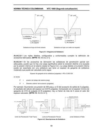NORMA TÉCNICA COLOMBIANA NTC 1669 (Segunda actualización)
58
30° a 45°
3
32 pulgadas a
1
8 de pulgada
3
32 pulgadas a
1
8 de pulgada
30° a 45°
3
16 pulgadas
nominales
1
16 pulgadas a
3
32 de pulgada
Soldadura al tope de fondo abierto Soldadura al tope con anillo de respaldo
Figura A.1. Diagrama de Soldadura
A.4.4.2.3.1 Los niples listados, configurados y contorneados cumplen la definición de
accesorios fabricados. [NFPA 13: A.6.5.2.3.1].
A.4.4.2.4.1 En los accesorios de derivación las soldaduras de penetración parcial son
adecuadas, puesto que no hay una carga significativa sobre la conexión distinta a la causada
por la presión interna en la tubería (véase la Figura A.2.). La carga debida a la presión interna
puede ser soportada con una soldadura que tiene un espesor de garganta de soldadura
moderado que puede ser calculado como sigue:
Espesor de garganta de la soldadura (pulgadas) = PD x 0,000 035
en donde
P = presión de trabajo del sistema (psig)
D = Diámetro exterior del accesorio (pulgadas)
Por ejemplo: Asumiendo una presión de 300 psig y un D del accesorio de salida de 3 pulgadas,
el resultado del cálculo del espesor es 0,0315 pulgadas. Comparado con el espesor mínimo de
garganta de 3/16 de pulgada (0,18 pulgadas), hay un factor de más de 5 veces el valor del
espesor calculado. [NFPA 13: A.6.5.2.4.1].
45°
mínimo
0 a 1
16 de pulgada
1/16 de pulgada
mínimo
45°
típico
Como esta diseñado
0 a 1
16 pulgadas
Dimensión mínima de
soldadura vea 4.4.2.4.1
Dimensión mínima de
soldadura vea 4.4.2.4.1
Unión de Penetración Total Típica Junta de Penetración Parcial Junta Soldada al Filete
Figura A.2. Descripciones de Soldadura
 