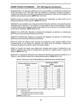 NORMA TÉCNICA COLOMBIANA NTC 1669 (Segunda actualización)
59
A.4.4.2.4.2 Para una adecuada elaboración de la junta soldada, es importante la preparación
de las superficies a unir. Para lograr esto, las superficies a ensamblar se debería preparar y
configurar de forma tal que se logre una soldadura de penetración total, pero es aceptable una
soldadura de penetración parcial. [NFPA13: A.6.5.2.4.2].
A.4.4.4 Cuando se realicen procesos de soldadura por capilaridad, se debe contar con la
adecuada protección contra incendio. [NFPA 13: A.6.5.4].
A.4.4.4.5 Es poco probable que el tipo de fundente fabricado conforme a las especificaciones
requeridas por la Tabla 6.3.1.1 de la NFPA 13 cause daño al sello de los rociadores. Cuando
se utilice fundente para soldadura capilar fuerte, debe ser de un tipo que en lo posible no dañe
el sello de los rociadores. [NFPA 13:A.6.5.4.5].
A.4.6.2.1 En la NFPA 600, Standard on Industrial Fire Brigades, se describe un método para
determinar el entrenamiento adecuado del personal.
A.4.6.5 En la NFPA 600, Standard on Industrial Fire Brigades, se describe un método para
determinar el entrenamiento adecuado del personal.
A.5.1.2 El diseño de sistemas para conexión de mangueras contra incendio debería incluir
consideraciones de las tácticas de supresión del cuerpo local de bomberos, diámetro de
manguera, longitud de manguera y tipos de boquillas usadas.
A.5.2.1 Un sistema de tubería seco debería ser instalado solo cuando la calefacción no es
garantía suficiente para evitar el congelamiento del agua en cualquier parte o sección del
sistema. [NFPA 13:A.7.2]
A.5.2.1.3.1 La capacidad volumétrica para diferentes diámetros de tubería se presenta en la
Tabla A.1, para facilitar el cálculo de la capacidad del sistema. [NFPA 13:A.7.2.3].
Tabla A.1. Volumen por 1 pie de tubería (Basada en el diámetro interno real de la tubería)
Volumen de la Tubería
(galón)
Diámetro Nominal de la Tubería en
Pulgada
Cedula (SCH) 40 Cedula (SCH) 10
3/4 0,028
1 0,045 0,049
1 1/4 0,078 0,085
1 ½ 0,106 0,115
2 0,174 0,190
2 1/2 0,248 0,283
3 0,383 0,433
3 1/2 0,513 0,576
4 0,660 0,740
5 1,040 1,144
6 1,501 1,649
b
8 2,66ª 2,776
c
Para unidades SI, 1 pulgada = 25,4 mm; 1 pie = 0,3048 m; 1 gal = 3. 785 L.
a
Cedula (SCH) 30
b
0,134 pulgadas espesor de pared de tubería
c
0.188 pulgadas espesor de pared de tubería
[NFPA13: Tabla A.7.2.3]
 