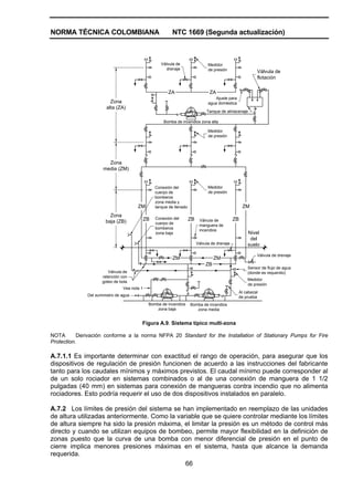 NORMA TÉCNICA COLOMBIANA NTC 1669 (Segunda actualización)
66
Zona
media (ZM)
Zona
baja (ZB)
ZM
ZB
ZM
ZB ZB
ZM ZM
ZB
Válvula de
drenaje
Válvula de
manguera de
incendios
Nivel
del
suelo
Conexión del
cuerpo de
bomberos
zona media y
tanque de llenado
Conexión del
cuerpo de
bomberos
zona baja
Válvula de
retención con
goteo de bola
Vea nota 1
Del suministro de agua
Bomba de incendios
zona baja
Bomba de incendios
zona media
Al cabezal
de prueba
Medidor
de presión
Válvula de drenaje
Sensor de flujo de agua
(donde es requerido)
Válvula de drenaje
ZA ZA
Zona
alta (ZA)
Medidor
de presión
Medidor
de presión
Medidor
de presión
Ajuste para
agua doméstica
Tanque de almacenaje
Válvula de
flotación
Bomba de incendios zona alta
Figura A.9. Sistema típico multi-zona
NOTA Derivación conforme a la norma NFPA 20 Standard for the Installation of Stationary Pumps for Fire
Protection.
A.7.1.1 Es importante determinar con exactitud el rango de operación, para asegurar que los
dispositivos de regulación de presión funcionen de acuerdo a las instrucciones del fabricante
tanto para los caudales mínimos y máximos previstos. El caudal mínimo puede corresponder al
de un solo rociador en sistemas combinados o al de una conexión de manguera de 1 1/2
pulgadas (40 mm) en sistemas para conexión de mangueras contra incendio que no alimenta
rociadores. Esto podría requerir el uso de dos dispositivos instalados en paralelo.
A.7.2 Los límites de presión del sistema se han implementado en reemplazo de las unidades
de altura utilizadas anteriormente. Como la variable que se quiere controlar mediante los límites
de altura siempre ha sido la presión máxima, el limitar la presión es un método de control más
directo y cuando se utilizan equipos de bombeo, permite mayor flexibilidad en la definición de
zonas puesto que la curva de una bomba con menor diferencial de presión en el punto de
cierre implica menores presiones máximas en el sistema, hasta que alcance la demanda
requerida.
 