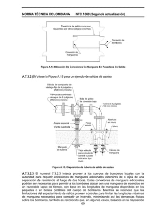 NORMA TÉCNICA COLOMBIANA NTC 1669 (Segunda actualización)
69
Conexión de
bomberos
Conexión de
mangueras
Pasadizos de salida como son
requeridos por otros códigos o normas
Figura A.14 Ubicación De Conexiones De Manguera En Pasadizos De Salida
A.7.3.2 (5) Véase la Figura A.15 para un ejemplo de salidas de azotea
Tubería de 4 pulgadas
(100 mm) mínimo
Placas
escudo
Abertura
en muro
Válvula de
manguera
Manguito
de tubería Tapa válvula
para vávula de
control o poste
indicador tipo
muro
Acople especial
Varilla cuadrada Muro
Bola de goteo
de conexión baja
Válvula de compuerta de
vástago fijo de 4 pulgadas
(100 mm) mínimo
Válvula de suministro
de agua de 6 pulgadas
(150 mm) mínimo
Figura A.15. Disposición de tubería de salida de azotea
A.7.3.2.3 El numeral 7.3.2.3 intenta proveer a los cuerpos de bomberos locales con la
autoridad para requerir conexiones de manguera adicionales exteriores de o lejos de una
separación de resistencia al fuego de dos horas. Estas conexiones de manguera adicionales
podrían ser necesarias para permitir a los bomberos atacar con una manguera de incendios en
un razonable lapso de tiempo, con base en las longitudes de manguera disponibles en los
paquetes o en bolsas portátiles del cuerpo de bomberos. Mientras se reconoce que las
limitaciones del espaciamiento de salida proveen controles para limitar las longitudes máximas
de manguera necesarias para combatir un incendio, minimizando así las demandas físicas
sobre los bomberos, también es reconocido que, en algunos casos, basados en la disposición
 