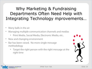 Slide 18IMAB Tech Talk
Why Marketing & Fundraising
Departments Often Need Help with
Integrating Technology mprovements…
• Many balls in the air
• Managing multiple communication channels and medias
• Print Media, Social Media, Electronic Media, etc..
• New and changing environment
• Bar has been raised. No more single message
methodology
• Target the right person with the right message at the
right time
 