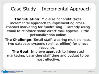 Slide 36IMAB Tech Talk
Case Study – Incremental Approach
The Situation: Mid-size nonprofit takes
incremental approach to implementing cross-
channel marketing for fundraising. Currently using
email to reinforce some direct mail appeals. Little
personalization online
The Challenge: Small staff, wearing multiple hats,
two database systems (online, offline) for direct
response.
The Goal: Improve approach to integrated
marketing, balancing staff time and budget to be
most effective.
 