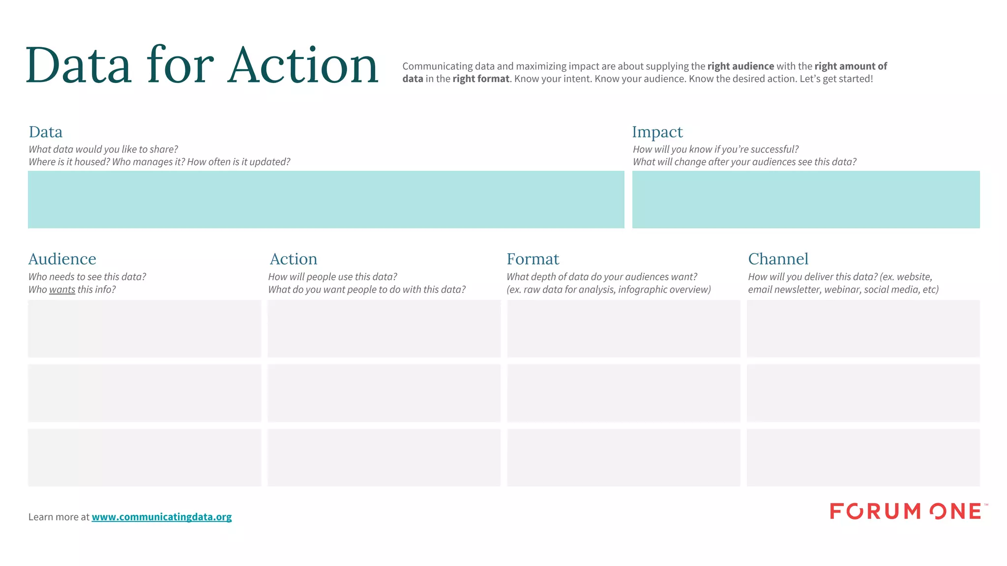 Data for Action
Data
What data would you like to share?
Where is it housed? Who manages it? How often is it updated?
Impact
How will you know if you’re successful?
What will change after your audiences see this data?
Audience
Who needs to see this data?
Who wants this info?
Action
How will people use this data?
What do you want people to do with this data?
Format
What depth of data do your audiences want?
(ex. raw data for analysis, infographic overview)
Channel
How will you deliver this data? (ex. website,
email newsletter, webinar, social media, etc)
Learn more at www.communicatingdata.org
Communicating data and maximizing impact are about supplying the right audience with the right amount of
data in the right format. Know your intent. Know your audience. Know the desired action. Let’s get started!
 