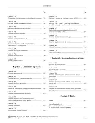 15
CÓDIGO ELÉCTRICO COLOMBIANO - NTC 2050 (Segunda actualización)
CONTENIDO
Pág. Pág.
Pág. Pág.
Artículo 675
Máquinas de riego accionadas o controladas eléctricamente 744
Artículo 680
Piscinas, fuentes e instalaciones similares............................. 747
Artículo 682
Cuerpos de agua naturales y artificiales................................. 767
Artículo 685
Sistemas eléctricos integrados............................................... 769
Artículo 690
Sistemas solares fotovoltaicos FV......................................... 770
Artículo 691
Instalación de producción de energía eléctrica
fotovoltaica (PV) a gran escala.............................................. 784
Artículo 692
Sistemas de celdas de combustible........................................ 786
Artículo 694
Sistemas eléctricos eólicos..................................................... 789
Artículo 695
Bombas contra incendios....................................................... 794
Capítulo 7. Condiciones especiales
Artículo 700
Sistemas de emergencia......................................................... 803
Artículo 701
Sistemas de reserva legalmente requeridos............................ 812
Artículo 702
Sistemas de reserva opcionales.............................................. 815
Artículo 705
Fuentes de generación de energía eléctrica interconectadas.. 817
Artículo 706
Sistemas de almacenamiento de energía................................ 823
Artículo 708
Sistemas de energía para operaciones críticas
(cops, critical operations power systems)............................. 831
Artículo 710
Sistemas autónomos............................................................... 837
Artículo 712
Microredes de corriente continua........................................... 838
Artículo 720
Circuitos y equipos que funcionan a menos de 50 V............. 840
Artículo 725
Circuitos clase 1, clase 2 y clase 3 de control remoto,
de señalización y de potencia limitada................................... 840
Artículo 727
Cables de instrumentación para bandejas tipo ITC
(instrumentation tray cable)................................................. 858
Artículo 728
Sistemas de cables resistentes al fuego.................................. 860
Artículo 750
Sistemas de administración de energía.................................. 861
Artículo 760
Sistemas de alarma de incendio............................................. 862
Artículo 770
Cables de fibra óptica............................................................. 877
Capítulo 8. Sistemas de comunicaciones
Artículo 800
Circuitos de comunicaciones................................................. 891
Artículo 810
Equipos de radio y televisión................................................. 912
Artículo 820
Sistemas de distribución de antenas comunales de radio
y televisión				 ......................................................................... 917
Artículo 830
Sistemas de comunicaciones de banda ancha energizados
por una red					 ......................................................................... 930
Artículo 840
Sistemas de comunicaciones de banda ancha energizados
por los predios........................................................................ 947
Capítulo 9. Tablas
Tablas										 ......................................................................... 953
Anexo informativo B
Información de aplicación para los cálculos
de la capacidad de corriente (ampacity)................................ 967
 