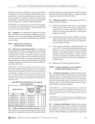 179
CÓDIGO ELÉCTRICO COLOMBIANO - NTC 2050 (Segunda actualización)
ARTÍCULO 300 –– REQUISITOS GENERALES PARA MÉTODOS DE ALAMBRADO Y MATERIALES
instalar los conductores. Cuando sea necesario para facilitar
la instalación o el uso de los equipos debe permitirse que la
canalización se instale inicialmente sin una conexión termi-
nal en el equipo. Se permite ensambles de canalizaciones
prealambradas, solamente donde se permita específicamente
en este Código para el método de alambrado aplicable.
EXCEPCIÓN No se requiere que las secciones cortas de canaliza-
ciones de protección contra el daño físico usadas para el alambrado
de r conductores o ensamble de cables, se instalen completas entre
los puntos de salida, unión o empalme.
(B) Soldadura. Las canalizaciones metálicas no se deben
apoyar, terminar ni conectar mediante soldadura a otras cana-
lizaciones, a menos que estén diseñadas específicamente para
este fin, o que sea permitido específicamente algo diferente
en este Código.
300.19 Soporte de los conductores
		 en canalizaciones verticales.
(A) Intervalos de separación máximos. Los conductores
en canalizaciones verticales se deben sujetar si la canalización
vertical supera los valores de la Tabla 300.19(A). Se debe
suministrar por lo menos un método de soporte para cada
conductor en la parte superior de la canalización vertical o lo
más cerca posible de ella. Los soportes intermedios propor-
cionados deben ser los necesarios para limitar la longitud del
conductor sostenido, como máximo a los valores establecidos
en la Tabla 300.19(A).
EXCEPCIÓN Un cable con armadura de alambre de acero se
debe sujetar en la parte superior del ducto vertical con un soporte
para cable que sujete la armadura de alambre de acero. Se permite
instalar en el extremo inferior del ducto vertical un dispositivo de
seguridad que sostenga el cable, para el caso en que éste se des-
lice por el interior del ducto o canalización. Se permite instalar
otros soportes adicionales de tipo cuña que alivien los esfuerzos
causados en las terminales de los equipos por la expansión del
cable bajo carga.
Tabla 300.19(A) Separación entre los soportes
de los conductores
(B) Cables y conductores resistentes al fuego. Los méto-
dos de soporte y los intervalos de separación de los soportes
para cables y conductores resistentes al fuego deben cumplir
todas las limitaciones suministradas en la lista del sistema de
protección del circuito eléctrico usado y en ningún caso deben
exceder los valores de la Tabla 300.19(A).
(C) Métodos de soporte. Se debe utilizar uno de los si-
guientes métodos de soporte:
(1) Dispositivos de sujeción construidos con o que empleen
cuñas aislantes, introducidas en los extremos de las
canalizaciones. Cuando la sujeción del aislamiento el
cable no lo sostenga adecuadamente, se debe sujetar
también el conductor.
(2) Insertando cajas en los intervalos exigidos, en las que se
hayan instalado soportes aislantes que aseguren de una
manera adecuada soportar el peso de los conductores.
Las cajas deben tener tapa.
(3) En las cajas de conexiones, doblando los cables no
menos de 90° y llevándolos horizontalmente hasta una
distancia no inferior al doble del diámetro del cable,
sobre dos o más soportes aislantes y sujetados además
mediante amarres de alambres, si se desea. Cuando
se utilice este método, los cables se deben sujetar a
intervalos no superiores al 20 % de los establecidos en
la Tabla anterior.
(4) Mediante otros métodos igualmente eficaz.
300.20 Corrientes inducidas en encerramientos
		 o canalizaciones metálicos ferrosas.
(A) Conductores agrupados. Cuando se instalen conduc-
tores de corriente alterna en encerramientos o canalizaciones
metálicos ferrosos, se debe agrupar de modo que se evite el
calentamiento por inducción del metal ferroso circundante.
Para ello, se debe juntar todos los conductores de fase y el
conductor puesto a tierra cuando los haya y todos los conduc-
tores de puesta a tierra de los equipos.
EXCEPCIÓN Nro. 1 Se permite que para algunas instalaciones
existentes la instalación de los conductores de puesta a tierra de
equipos esté separada de los conductores de su circuito asociado,
si están tendidos de acuerdo con las disposiciones de la sección
250.130(C).
EXCEPCIÓN Nro.2 Se permite instalar un solo conductor en un
encerramiento ferromagnético, de acuerdo con las disposiciones
de las secciones 426.42 y 427.47.
(B) Conductores individuales. Cuando un solo conductor
de corriente alterna pase a través de un metal con propieda-
des magnéticas, se deben reducir al mínimo los efectos de
la inducción con alguno de estos dos métodos: (1) haciendo
ranuras en la parte metálica que quede entre los agujeros por
 
