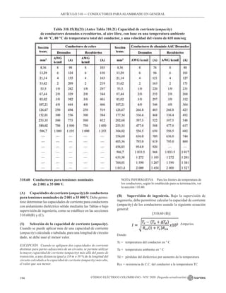 CÓDIGO ELÉCTRICO COLOMBIANO - NTC 2050 (Segunda actualización)
194
Tabla 310.15(B)(21) (Antes Tabla 310.21) Capacidad de corriente (ampacity)
de conductores desnudos o recubiertos, al aire libre, con base en una temperatura ambiente
de 40 °C, 80 °C de temperatura total del conductor, y una velocidad del viento de 610 mm/seg
310.60 Conductores para tensiones nominales
		 de 2 001 a 35 000 V.
(A) Capacidades de corriente (ampacity) de conductores
para tensiones nominales de 2 001 a 35 000 V. Debe permi-
tirse determinar las capacidades de corriente para conductores
con aislamiento dieléctrico sólido mediante las Tablas o bajo
supervisión de ingeniería, como se establece en las secciones
310.60(B) y (C).
(1) Selección de la capacidad de corriente (ampacity).
Cuando se puede aplicar más de una capacidad de corriente
(ampacity) calculada o tabulada, para una longitud de circuito
dado, se debe usar el menor valor.
EXCEPCIÓN Cuando se apliquen dos capacidades de corriente
distintas para partes adyacentes de un circuito, se permite utilizar
la mayor capacidad de corriente (ampacity) más allá del punto de
transición, a una distancia igual a 3,0 m o 10 % de la longitud del
circuito calculado a la capacidad de corriente (ampacity) más alta,
el valor que sea menor.
NOTA INFORMATIVA Para los límites de temperatura de
los conductores, según lo establecido para su terminación, ver
la sección 110.40.
(B) Supervisión de ingeniería. Bajo la supervisión de
ingeniería, debe permitirse calcular la capacidad de corriente
(ampacity) de los conductores usando la siguiente ecuación
general:
[310,60 (B)]
ARTÍCULO 310 –– CONDUCTORES PARAALAMBRADO EN GENERAL
Amperios
Donde:
Tc = temperatura del conductor en ° C
Ta = temperatura ambiente en ° C
Td = pérdidas del dieléctrico por aumento de la temperatura
Rcc = resistencia de C.C. del conductor a la temperatura TC
 