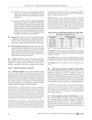 CÓDIGO ELÉCTRICO COLOMBIANO - NTC 2050 (Segunda actualización)
46
(a) Salida no obstruida. Si el lugar permite una vía
continua y no obstruida de desplazamiento hacia la
salida, debe permitirse una sola entrada al espacio
de trabajo.
(b) Espacio adicionaldetrabajo.Cuandolaprofundidad
del espacio de trabajo es el doble del exigido en la
sección 110.34(A), se permite una sola entrada. Dicha
entrada se debe localizar de forma tal que la distancia
desde el equipo hasta el borde más próximo de la en-
trada no sea inferior a la distancia libre mínima que
se especifica en la Tabla 110.34(A) para equipos que
funcionan a esa tensión y en esa condición.
(2) Resguardo. Cuando las partes energizadas desnudas
a cualquier tensión o las partes energizadas aisladas a
más de 1 000 V nominales se encuentren adyacentes a
la entrada, se deben resguardar de manera adecuada.
(3) Puertas para el personal. Donde haya una o más puer-
tas para el personal, diseñadas a la entrada y la salida
desde el espacio de trabajo, a menos de 7,6 m desde el
borde más próximo de dicho espacio, la(s) puerta(s) se
deben abrir en la dirección de salida y debe(n) estar
equipada(s) con herrajes antipánico.
(B) Acceso. Debe haber escaleras o escalones permanentes
que permitan acceder de modo seguro al espacio de trabajo
alrededor de equipos eléctricos instalados en plataformas,
balcones, entrepisos o en los áticos o cuartos en las terrazas.
110.34 Espacio de trabajo y resguardo
(A) Espacio de trabajo.Amenos que se permita o se exija
otra cosa en este Código, el equipo que pueda requerir de
inspección, ajuste, reparación o mantenimiento mientras está
energizado debe tener un espacio de trabajo libre en dirección
del acceso a las partes energizadas no inferior al especificado
en la Tabla 110.34(A). Las distancias se deben medir desde
las partes energizadas, si están expuestas, o desde el frente o
abertura del encerramiento, si están encerradas.
EXCEPCIÓN Nro. 1 No debe requerirse un espacio de trabajo en
la parte posterior de equipos de tableros de distribución o ensam-
bles de control que no tengan piezas intercambiables ni ajustables
(como fusiles o interruptores) en la parte trasera y donde todas
las conexiones sean accesibles desde lugares que no sean la parte
posterior. Donde se requiera acceso trasero para trabajar en piezas
no eléctricas de la parte posterior del equipo con encerramiento,
debe haber un espacio mínimo horizontal de trabajo de 0,76 m.
EXCEPCIÓN Nro. 2 Para los casos en que la subestación instalada
en el exterior de una edificación sea un equipo paquetizado o un
cuarto eléctrico prefabricado diseñado como un conjunto bajo los
parámetros de la normativa IEC 62271-202, debe permitirse un es-
pacio interno de trabajo mínimo de 0,8 m de profundo y las puertas
Tabla 110.34(A) Profundidad mínima del espacio libre
de trabajo al equipo eléctrico
NOTA Donde las condiciones son las siguientes:
(1) Condición 1 Partes vivas expuestas en un lado del espacio de trabajo y
ninguna parte viva o puesta a tierra en el otro lado, o partes vivas expuestas
a ambos lados del espacio de trabajo que están resguardadas eficazmente
por materiales aislantes.
(2) Condición 2 Partes vivas expuestas en un lado del espacio de trabajo
y partes puestas a tierra en el otro lado del espacio de trabajo. Las paredes
de concreto, ladrillo o baldosa se deben considerar como puestas a tierra.
(3) Condición 3 Partes vivas expuestas en ambos lados del espacio de
trabajo.
(B) Separación con respecto a equipos de baja tensión.
Cuando haya instalados interruptores, cortacircuitos u otros
equipos que funcionen a 1 000 V nominales o menos, en
una bóveda, cuarto o encerramiento donde haya partes vivas
expuestas o alambrado expuesto que funcionen a más de
1 000 V nominales, los equipos de alta tensión se deben sepa-
rar eficazmente del espacio ocupado por los equipos de baja
tensión mediante una división, cerca o enrejado adecuados.
EXCEPCIÓN Se permite instalar, dentro del encerramiento,
cuarto o bóveda de alta tensión, interruptores u otros equipos
que funcionen a 1 000 V nominales o menos y que pertenezcan
sólo a equipos dentro del encerramiento, cuarto o bóveda de alta
tensión, sin división, cerca o enrejado, si es accesible únicamente
por personas calificadas.
(C) Encerramientos o cuartos con cerradura. La entra-
da a todos los edificios, bóvedas, cuartos o encerramientos
que contengan partes energizadas expuestas o conductores
expuestos que funcionen a más de 1 000 V nominales, se
deben mantener cerradas con llave, a menos que dichas en-
tradas estén en todo momento bajo la supervisión de personal
calificado.
en cualquier posición abierta fija o los accionamientos mecánicos
que sobresalgan del aparato no deben reducir la profundidad de
espacio de trabajo a menor de 0,5 m.
EXCEPCIÓN Nro. 3 Para celdas fabricadas bajo norma IEC
62271-200 o ANSI C37.20.2, donde el mantenimiento o cambio de
elementos se desarrolla bajos estos mismos estándares sin conexión
a la barra principal o con la unidad funcional fuera del tablero, se
debe permitir aplicar las distancias de espacio de trabajo indicadas
por el fabricante, siempre y cuando estas no sean inferiores al
espacio de trabajo indicado en 110.32, para permitir como mínimo
una apertura a 90° de las puertas o paneles Abisagrados.
ARTÍCULO 110 –– REQUISITOS PARA INSTALACIONES ELÉCTRICAS
 