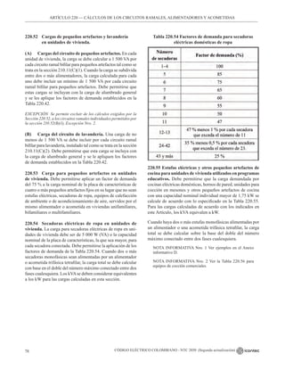 CÓDIGO ELÉCTRICO COLOMBIANO - NTC 2050 (Segunda actualización)
78
ARTÍCULO 220 –– CÁLCULOS DE LOS CIRCUITOS RAMALES, ALIMENTADORES Y ACOMETIDAS
220.52 Cargas de pequeños artefactos y lavandería
		 en unidades de vivienda.
(A) Cargas del circuito de pequeños artefactos. En cada
unidad de vivienda, la carga se debe calcular a 1 500 VA por
cada circuito ramal bifilar para pequeños artefactos tal como se
trata en la sección 210.11(C)(1). Cuando la carga se subdivida
entre dos o más alimentadores, la carga calculada para cada
uno debe incluir un mínimo de 1 500 VA por cada circuito
ramal bifilar para pequeños artefactos. Debe permitirse que
estas cargas se incluyan con la carga de alumbrado general
y se les aplique los factores de demanda establecidos en la
Tabla 220.42.
EXCEPCIÓN Se permite excluir de los cálculos exigidos por la
Sección 220.52, a los circuitos ramales individuales permitidos por
la sección 210.52(B)(1), Excepción Nro. 2.
(B) Carga del circuito de lavandería. Una carga de no
menos de 1 500 VA se debe incluir por cada circuito ramal
bifilar para lavandería, instalado tal como se trata en la sección
210.11(C)(2). Debe permitirse que esta carga se incluya con
la carga de alumbrado general y se le apliquen los factores
de demanda establecidos en la Tabla 220.42.
220.53 Carga para pequeños artefactos en unidades
de vivienda. Debe permitirse aplicar un factor de demanda
del 75 % a la carga nominal de la placa de características de
cuatro o más pequeños artefactos fijos en su lugar que no sean
estufas eléctricas, secadoras de ropa, equipos de calefacción
de ambiente o de acondicionamiento de aire, servidos por el
mismo alimentador o acometida en viviendas unifamiliares,
bifamiliares o multifamiliares.
220.54 Secadoras eléctricas de ropa en unidades de
vivienda. La carga para secadoras eléctricas de ropa en uni-
dades de vivienda debe ser de 5 000 W (VA) o la capacidad
nominal de la placa de características, la que sea mayor, para
cada secadora conectada. Debe permitirse la aplicación de los
factores de demanda de la Tabla 220.54. Cuando dos o más
secadoras monofásicas sean alimentadas por un alimentador
o acometida trifásica tetrafilar, la carga total se debe calcular
con base en el doble del número máximo conectado entre dos
fases cualesquiera. Los kVAse deben considerar equivalentes
a los kW para las cargas calculadas en esta sección.
Tabla 220.54 Factores de demanda para secadoras
eléctricas domésticas de ropa
220.55 Estufas eléctricas y otros pequeños artefactos de
cocina para unidades de vivienda utilizados en programas
educativos. Debe permitirse que la carga demandada por
cocinas eléctricas domésticas, hornos de pared, unidades para
cocción en mesones y otros pequeños artefactos de cocina
con una capacidad nominal individual mayor de 1,75 kW se
calcule de acuerdo con lo especificado en la Tabla 220.55.
Para las cargas calculadas de acuerdo con los indicados en
este Artículo, los kVA equivalen a kW.
Cuando haya dos o más estufas monofásicas alimentadas por
un alimentador o una acometida trifásica tetrafilar, la carga
total se debe calcular sobre la base del doble del número
máximo conectado entre dos fases cualesquiera.
NOTA INFORMATIVA Nro. 1 Ver ejemplos en el Anexo
informativo D.
NOTA INFORMATIVA Nro. 2 Ver la Tabla 220.56 para
equipos de cocción comerciales.
 