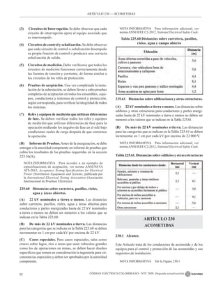CÓDIGO ELÉCTRICO COLOMBIANO - NTC 2050 (Segunda actualización)
92
ARTÍCULO 230 –– ACOMETIDAS
(3) Circuitos de Interrupción. Se debe observar que cada
circuito de interrupción opere el equipo asociado que
es interrumpido.
(4) Circuitos de control y señalización. Se debe observar
que cada circuito de control o señalización desempeñe
su propia función de control o produzca una correcta
señalización de salida.
(5) Circuitos de medición. Debe verificarse que todos los
circuitos de medición funcionen correctamente desde
las fuentes de tensión y corriente, de forma similar a
los circuitos de los relés de protección.
(6) Pruebas de aceptación. Una vez completada la insta-
lación de la subestación, se deben llevar a cabo pruebas
completas de aceptación en todos los ensambles, equi-
pos, conductores y sistemas de control y protección,
según corresponda, para verificar la integridad de todos
los sistemas.
(7) Relés y equipos de medición que utilizan diferencias
de fase. Se deben verificar todos los relés y equipos
de medición que utilizan diferencias de fase para la
operación midiendo los ángulos de fase en el relé bajo
condiciones reales de carga después de que comience
la operación.
(B) Informe de Pruebas.Antes de la energización, se debe
entregar a la autoridad competente un informe de pruebas que
cubra los resultados de las pruebas requeridas en la sección
225.56(A).
NOTA INFORMATIVA Para acceder a un ejemplo de
especificaciones de aceptación, ver norma ANSI/NETA
ATS-2013, Acceptance Testing Specifications for Electrical
Power Distribution Equipment and Systems, publicada por
la International Electrical Testing Association (Asociación
Internacional de Pruebas) Eléctricas).
225.60 Distancias sobre carretera, pasillos, rieles,
agua y áreas abiertas.
(A) 22 kV nominales a tierra o menos. Las distancias
sobre carretera, pasillos, rieles, agua y áreas abiertas para
conductores y partes energizadas hasta de 22 kV nominales
a tierra o menos no deben ser menores a los valores que se
indican en la Tabla 225.60.
(B) De más de 22 kV nominales a tierra. Las distancias
para las categorías que se indican en la Tabla 225.60 se deben
incrementar en 1 cm por cada kV por encima de 22 kV.
(C) Casos especiales. Para casos especiales, tales como
cruces sobre lagos, ríos o áreas que usan vehículos grandes
como los de operaciones en minas, se deben hacer diseños
específicos que tomen en consideración la ingeniería para cir-
cunstancias especiales y deben ser aprobados por la autoridad
competente.
NOTA INFORMATIVA Para información adicional, ver
normaANSI/IEEE C2-2012, National Electrical Safety Code.
Tabla 225.60 Distancias sobre carretera, pasillos,
rieles, agua y campo abierto
225.61 Distancias sobre edificaciones y otras estructuras.
(A) 22 kV nominales a tierra o menos. Las distancias sobre
edificios y otras estructuras para conductores y partes energi-
zadas hasta de 22 kV nominales a tierra o menos no deben ser
menores a los valores que se indican en la Tabla 225.61.
(B) De más de 22 kV nominales a tierra. Las distancias
para las categorías que se indican en la Tabla 225.61 se deben
incrementar en 1 cm por cada kV por encima de 22 000 V.
NOTA INFORMATIVA Para información adicional, ver
normaANSI/IEEE C2-2012, National Electrical Safety Code.
Tabla 225.61. Distancias sobre edificios y otras estructuras
ARTÍCULO 230
ACOMETIDAS
230.1 Alcance.
Este Artículo trata de los conductores de acometida y de los
equipos para el control y protección de las acometidas y sus
requisitos de instalación.
NOTA INFORMATIVA Ver la Figura 230.1
 