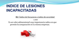INDICE DE LESIONES
INCAPACITADAS
ILI Índice de frecuencia x índice de severidad .
1.000
Es un valor adimensional cuya importancia radica en que
permite la comparación en la misma empresas.
 