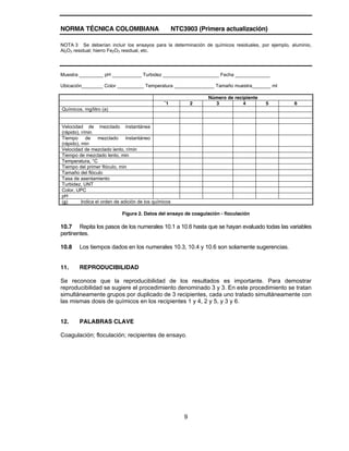 NORMA TÉCNICA COLOMBIANA NTC3903 (Primera actualización)
9
NOTA 3 Se deberían incluir los ensayos para la determinación de químicos residuales, por ejemplo, aluminio,
Al2O3 residual; hierro Fe2O3 residual, etc.
Muestra _________ pH ___________ Turbidez _____________________ Fecha _____________
Ubicación________ Color __________ Temperatura _______________ Tamaño muestra_______ ml
Número de recipiente
¨1 2 3 4 5 6
Químicos, mg/litro (a)
Velocidad de mezclado instantánea
(rápido), r/min
Tiempo de mezclado instantáneo
(rápido), min
Velocidad de mezclado lento, r/min
Tiempo de mezclado lento, min
Temperatura, °C
Tiempo del primer flóculo, min
Tamaño del flóculo
Tasa de asentamiento
Turbidez, UNT
Color, UPC
pH
(a) Indica el orden de adición de los químicos
Figura 2. Datos del ensayo de coagulación - floculación
10.7 Repita los pasos de los numerales 10.1 a 10.6 hasta que se hayan evaluado todas las variables
pertinentes.
10.8 Los tiempos dados en los numerales 10.3, 10.4 y 10.6 son solamente sugerencias.
11. REPRODUCIBILIDAD
Se reconoce que la reproducibilidad de los resultados es importante. Para demostrar
reproducibilidad se sugiere el procedimiento denominado 3 y 3. En este procedimiento se tratan
simultáneamente grupos por duplicado de 3 recipientes, cada uno tratado simultáneamente con
las mismas dosis de químicos en los recipientes 1 y 4, 2 y 5, y 3 y 6.
12. PALABRAS CLAVE
Coagulación; floculación; recipientes de ensayo.
 