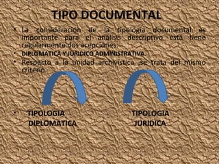 TIPO DOCUMENTAL
• La consideración de la tipología documental es
importante para el análisis descriptivo esta tiene
regularmente dos acepciones.
• DIPLOMATICA Y JURIDICO ADMINISTRATIVA.

• Respecto a la unidad archivística ,se trata del mismo
criterio.

•

TIPOLOGIA
DIPLOMATICA

TIPOLOGIA
JURIDICA

 