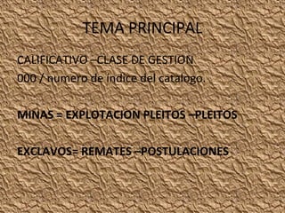 TEMA PRINCIPAL
CALIFICATIVO –CLASE DE GESTION
000 / numero de índice del catalogo.
MINAS = EXPLOTACION PLEITOS –PLEITOS
EXCLAVOS= REMATES –POSTULACIONES

 