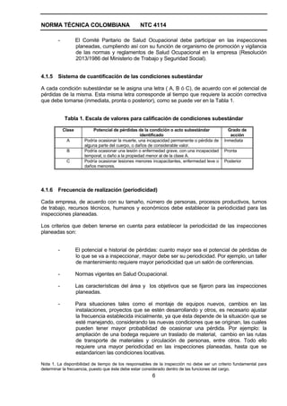 NORMA TÉCNICA COLOMBIANA                           NTC 4114

        -           El Comité Paritario de Salud Ocupacional debe participar en las inspecciones
                    planeadas, cumpliendo así con su función de organismo de promoción y vigilancia
                    de las normas y reglamentos de Salud Ocupacional en la empresa (Resolución
                    2013/1986 del Ministerio de Trabajo y Seguridad Social).


4.1.5   Sistema de cuantificación de las condiciones subestándar

A cada condición subestándar se le asigna una letra ( A, B ó C), de acuerdo con el potencial de
pérdidas de la misma. Esta misma letra corresponde al tiempo que requiere la acción correctiva
que debe tomarse (inmediata, pronta o posterior), como se puede ver en la Tabla 1.


            Tabla 1. Escala de valores para calificación de condiciones subestándar

            Clase           Potencial de pérdidas de la condición o acto subestándar            Grado de
                                                     identificado                                acción
             A          Podría ocasionar la muerte, una incapacidad permanente o pérdida de   Inmediata
                        alguna parte del cuerpo, o daños de considerable valor.
             B          Podría ocasionar una lesión o enfermedad grave, con una incapacidad   Pronta
                        temporal, o daño a la propiedad menor al de la clase A.
             C          Podría ocasionar lesiones menores incapacitantes, enfermedad leve o   Posterior
                        daños menores.




4.1.6   Frecuencia de realización (periodicidad)

Cada empresa, de acuerdo con su tamaño, número de personas, procesos productivos, turnos
de trabajo, recursos técnicos, humanos y económicos debe establecer la periodicidad para las
inspecciones planeadas.

Los criterios que deben tenerse en cuenta para establecer la periodicidad de las inspecciones
planeadas son:


        -           El potencial e historial de pérdidas: cuanto mayor sea el potencial de pérdidas de
                    lo que se va a inspeccionar, mayor debe ser su periodicidad. Por ejemplo, un taller
                    de mantenimiento requiere mayor periodicidad que un salón de conferencias.

        -           Normas vigentes en Salud Ocupacional.

        -           Las características del área y los objetivos que se fijaron para las inspecciones
                    planeadas.

        -           Para situaciones tales como el montaje de equipos nuevos, cambios en las
                    instalaciones, proyectos que se estén desarrollando y otros, es necesario ajustar
                    la frecuencia establecida inicialmente, ya que ésta depende de la situación que se
                    esté manejando, considerando las nuevas condiciones que se originan, las cuales
                    pueden tener mayor probabilidad de ocasionar una pérdida. Por ejemplo: la
                    ampliación de una bodega requiere un traslado de material, cambio en las rutas
                    de transporte de materiales y circulación de personas, entre otros. Todo ello
                    requiere una mayor periodicidad en las inspecciones planeadas, hasta que se
                    estandaricen las condiciones locativas.

Nota 1. La disponibilidad de tiempo de los responsables de la inspección no debe ser un criterio fundamental para
determinar la frecuencia, puesto que éste debe estar considerado dentro de las funciones del cargo.
                                                         6
 