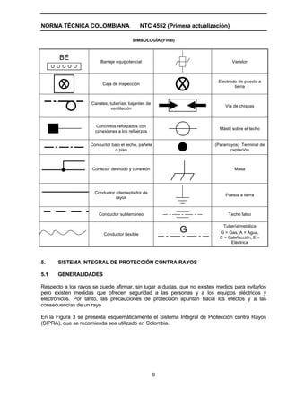 NORMA TÉCNICA COLOMBIANA NTC 4552 (Primera actualización)
9
SIMBOLOGÍA (Final)
BE Barraje equipotencial Varistor
Caja de inspección
Electrodo de puesta a
tierra
Canales, tuberías, bajantes de
ventilación
Vía de chispas
Concretos reforzados con
conexiones a los refuerzos
Mástil sobre el techo
Conductor bajo el techo, pañete
o piso
(Pararrayos) Terminal de
captación
Conector desnudo y conexión Masa
Conductor interceptador de
rayos
Puesta a tierra
Conductor subterráneo Techo falso
Conductor flexible
G
Tubería metálica
G = Gas, A = Agua,
C = Calefacción, E =
Eléctrica
5. SISTEMA INTEGRAL DE PROTECCIÓN CONTRA RAYOS
5.1 GENERALIDADES
Respecto a los rayos se puede afirmar, sin lugar a dudas, que no existen medios para evitarlos
pero existen medidas que ofrecen seguridad a las personas y a los equipos eléctricos y
electrónicos. Por tanto, las precauciones de protección apuntan hacia los efectos y a las
consecuencias de un rayo
En la Figura 3 se presenta esquemáticamente el Sistema Integral de Protección contra Rayos
(SIPRA), que se recomienda sea utilizado en Colombia.
 