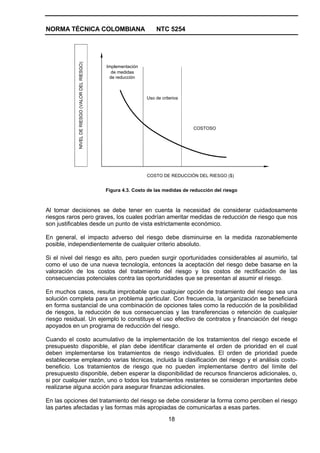 NORMA TÉCNICA COLOMBIANA                                              NTC 5254




            NIVEL DE RIESGO (VALOR DEL RIESGO)
                                                 Implementación
                                                   de medidas
                                                  de reducción



                                                                  Uso de criterios




                                                                                      COSTOSO




                                                                  COSTO DE REDUCCIÓN DEL RIESGO ($)


                                                 Figura 4.3. Costo de las medidas de reducción del riesgo



Al tomar decisiones se debe tener en cuenta la necesidad de considerar cuidadosamente
riesgos raros pero graves, los cuales podrían ameritar medidas de reducción de riesgo que nos
son justificables desde un punto de vista estrictamente económico.

En general, el impacto adverso del riesgo debe disminuirse en la medida razonablemente
posible, independientemente de cualquier criterio absoluto.

Si el nivel del riesgo es alto, pero pueden surgir oportunidades considerables al asumirlo, tal
como el uso de una nueva tecnología, entonces la aceptación del riesgo debe basarse en la
valoración de los costos del tratamiento del riesgo y los costos de rectificación de las
consecuencias potenciales contra las oportunidades que se presentan al asumir el riesgo.

En muchos casos, resulta improbable que cualquier opción de tratamiento del riesgo sea una
solución completa para un problema particular. Con frecuencia, la organización se beneficiará
en forma sustancial de una combinación de opciones tales como la reducción de la posibilidad
de riesgos, la reducción de sus consecuencias y las transferencias o retención de cualquier
riesgo residual. Un ejemplo lo constituye el uso efectivo de contratos y financiación del riesgo
apoyados en un programa de reducción del riesgo.

Cuando el costo acumulativo de la implementación de los tratamientos del riesgo excede el
presupuesto disponible, el plan debe identificar claramente el orden de prioridad en el cual
deben implementarse los tratamientos de riesgo individuales. El orden de prioridad puede
establecerse empleando varias técnicas, incluida la clasificación del riesgo y el análisis costo-
beneficio. Los tratamientos de riesgo que no pueden implementarse dentro del límite del
presupuesto disponible, deben esperar la disponibilidad de recursos financieros adicionales, o,
si por cualquier razón, uno o todos los tratamientos restantes se consideran importantes debe
realizarse alguna acción para asegurar finanzas adicionales.

En las opciones del tratamiento del riesgo se debe considerar la forma como perciben el riesgo
las partes afectadas y las formas más apropiadas de comunicarlas a esas partes.
                                                                             18
 
