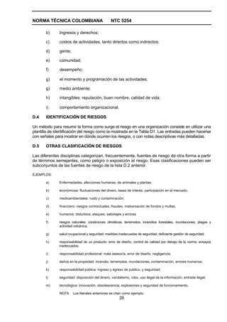 NORMA TÉCNICA COLOMBIANA                        NTC 5254

       b)      Ingresos y derechos;

       c)      costos de actividades, tanto directos como indirectos;

       d)      gente;

       e)      comunidad;

       f)      desempeño;

       g)      el momento y programación de las actividades;

       g)      medio ambiente;

       h)      intangibles: reputación, buen nombre, calidad de vida;

       i)      comportamiento organizacional.

D.4    IDENTIFICACIÓN DE RIESGOS

Un método para resumir la forma como surge el riesgo en una organización consiste en utilizar una
plantilla de identificación del riesgo como la mostrada en la Tabla D1. Las entradas pueden hacerse
con señales para mostrar en dónde ocurren los riesgos, o con notas descriptivas más detalladas.

D.5    OTRAS CLASIFICACIÓN DE RIESGOS

Las diferentes disciplinas categorizan, frecuentemente, fuentes de riesgo de otra forma a partir
de términos semejantes, como peligro o exposición al riesgo. Esas clasificaciones pueden ser
subconjuntos de las fuentes de riesgo de la lista D.2 anterior.

EJEMPLOS:

       a)     Enfermedades, afecciones humanas, de animales y plantas;

       b)     económicas: fluctuaciones del dinero, tasas de interés, participación en el mercado;

       c)      medioambientales: ruido y contaminación;

       d)      financiero: riesgos contractuales, fraudes, malversación de fondos y multas;

       e)      humanos: disturbios, ataques, sabotajes y errores

       f)     riesgos naturales: condiciones climáticas, terremotos, incendios forestales, inundaciones, plagas y
              actividad volcánica;

       g)     salud ocupacional y seguridad: medidas inadecuadas de seguridad, deficiente gestión de seguridad;

       h)     responsabilidad de un producto: error de diseño, control de calidad por debajo de la norma, ensayos
              inadecuados;

       i)      responsabilidad profesional: mala asesoría, error de diseño, negligencia;

       j)     daños en la propiedad: incendio, terremotos, inundaciones, contaminación, errores humanos;

       k)      responsabilidad pública: ingreso y egreso de publico, y seguridad;

       l)     seguridad: disposición del dinero, vandalismo, robo, uso ilegal de la información, entrada ilegal;

       m)     tecnológica: innovación, obsolescencia, explosiones y seguridad de funcionamiento.

               NOTA     Los literales anteriores se citan como ejemplo.
                                                      28
 