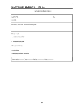 NORMA TÉCNICA COLOMBIANA                                        NTC 5254

                                                       PLAN DE ACCIÓN DE RIESGO




ELEMENTO                                                                                                Ref

RIESGO


Resumen - Respuesta recomendada e impacto




Plan de acción

1. Acciones propuestas


2. Recursos requeridos


3.Responsabilidades


4.Cronograma

5.Reporte y monitoreo requeridos



Responsable................Fecha...................Revisar...................Fecha...................




                                                                       38
 