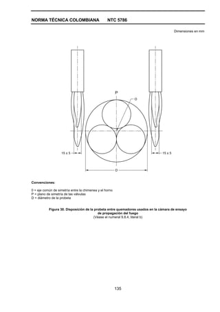 NORMA TÉCNICA COLOMBIANA NTC 5786
135
Dimensiones en mm
O
15 ± 515 ± 5
D
P
Convenciones:
0 = eje común de simetría entre la chimenea y el horno
P = plano de simetría de las válvulas
D = diámetro de la probeta
Figura 30. Disposición de la probeta entre quemadores usados en la cámara de ensayo
de propagación del fuego
(Véase el numeral 9.8.4, literal b)
 