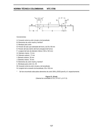 NORMA TÉCNICA COLOMBIANA NTC 5786
137
N DE
F
H
G
J
C
A
B
L
M
K
Convenciones:
A: Conexión entre la unión circular y de borosilicato
B: Elementos de unión macho y hembra*
C: Mordaza para unión
D: Porción de tubo que sobresale del horno, de 30 a 50 mm
E: Porción del tubo dentro del horno (longitud del horno)
F: Longitud del tubo de diámetro inferior (100 a 120 mm)
G: Diámetro interior, 13 mm
H: Diámetro exterior, 17 mm
I: Diámetro exterior, 25 mm
J: Diámetro interior, 19 mm
K: Elementos de unión macho y hembra*
L: Mordazas para unión nro. 35
M: Conexión entre la unión circular y de borosilicato
N: Longitud de la conexión de borosilicato, 50 a 100 mm
* Se han encontrado adecuados elementos de unión 29/9 y 25/25 para B y K, respectivamente.
Figura 31. (Final)
(Véanse los numerales 9.10.3, 9.10.5.1 y 9.11.3)
 