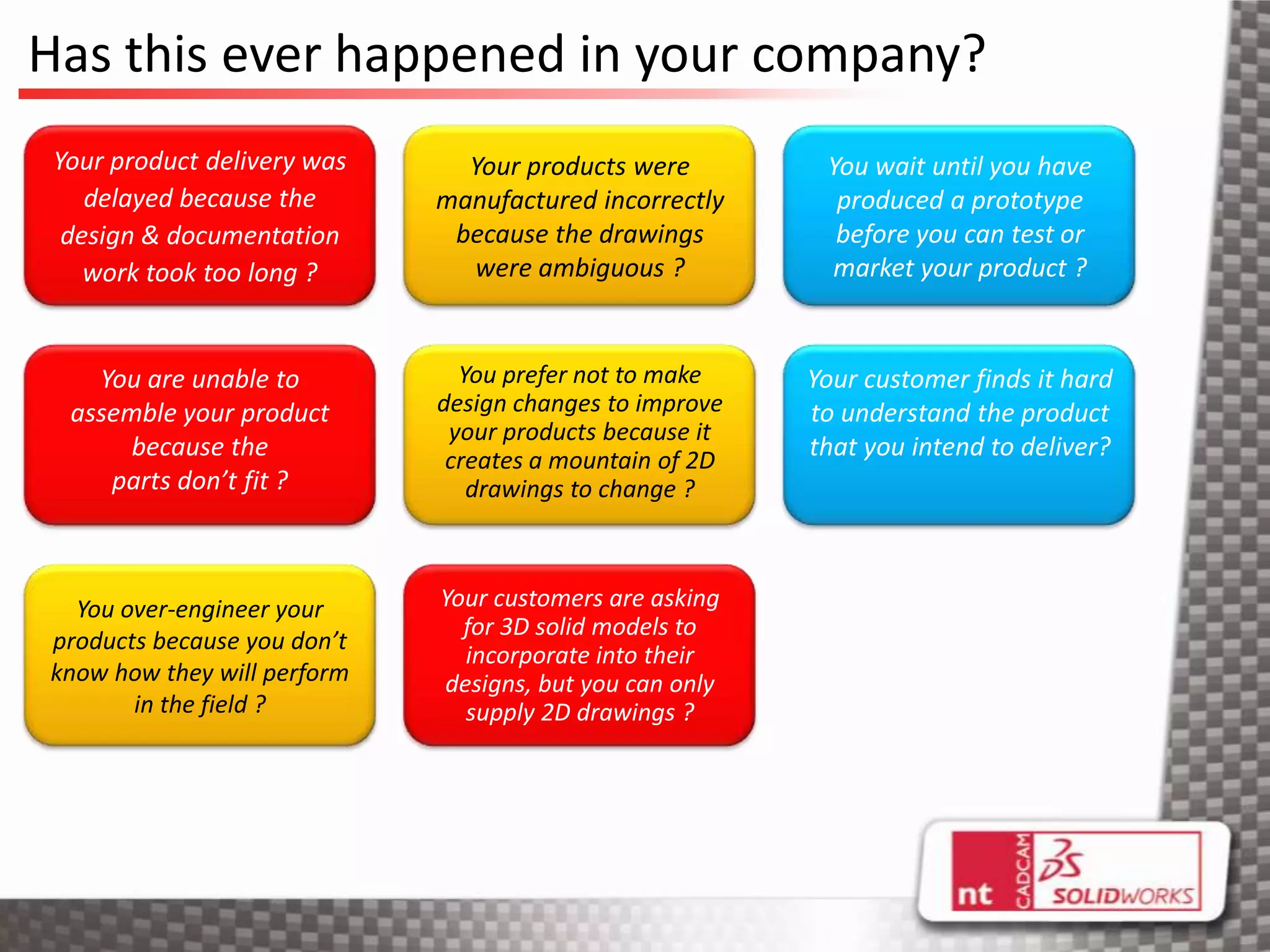 Has this ever happened in your company?
 Your product delivery was     Your products were         You wait until you have
    delayed because the      manufactured incorrectly      produced a prototype
  design & documentation      because the drawings         before you can test or
    work took too long ?       were ambiguous ?           market your product ?


    You are unable to          You prefer not to make    Your customer finds it hard
  assemble your product      design changes to improve   to understand the product
                              your products because it
       because the            creates a mountain of 2D   that you intend to deliver?
     parts don’t fit ?          drawings to change ?



  You over-engineer your     Your customers are asking
                               for 3D solid models to
products because you don’t
                               incorporate into their
know how they will perform   designs, but you can only
       in the field ?          supply 2D drawings ?
 