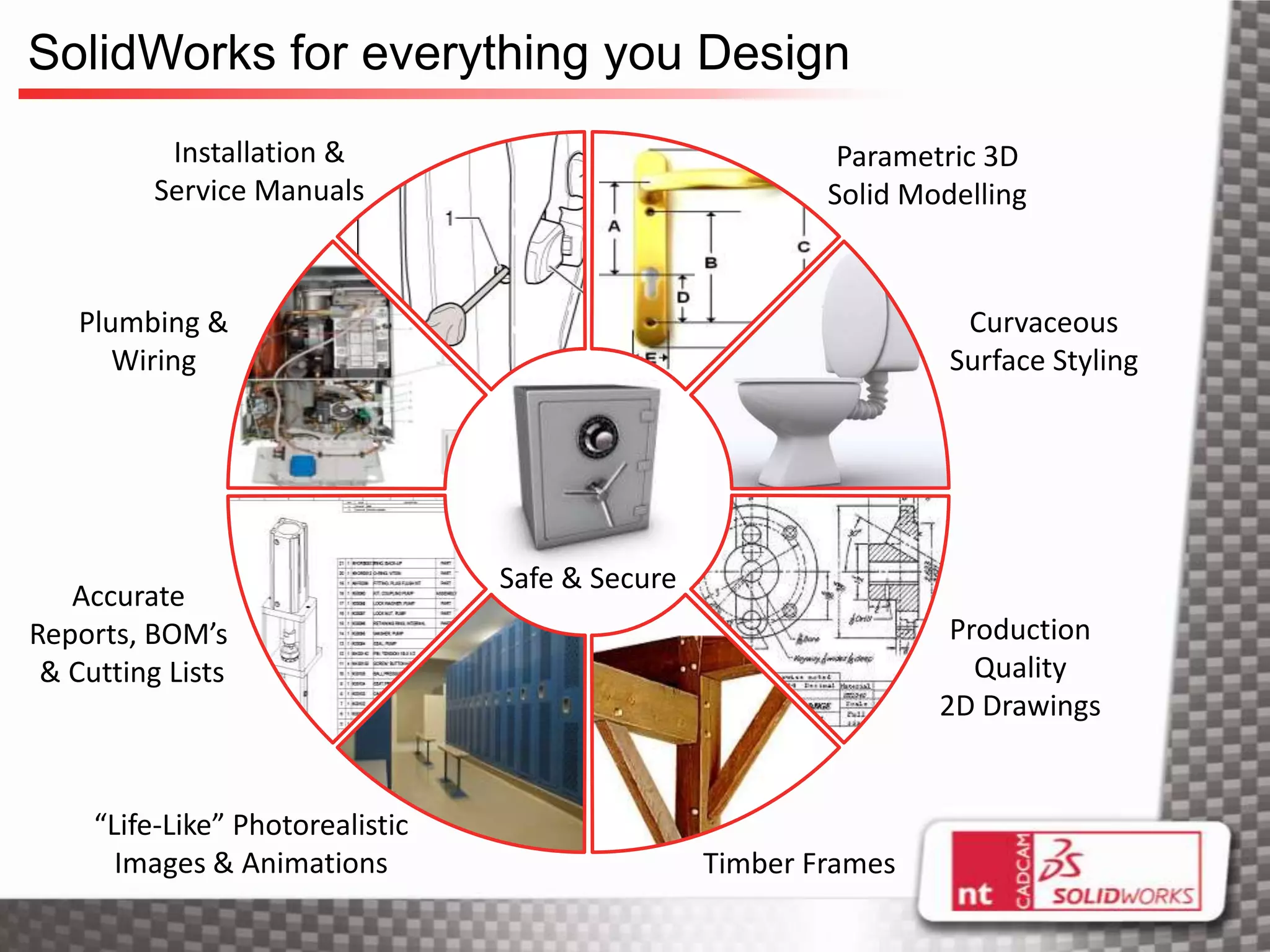 SolidWorks for everything you Design
           Installation &                                  Parametric 3D
          Service Manuals                                 Solid Modelling



   Plumbing &                                                       Curvaceous
      Wiring                                                       Surface Styling




                                  Safe & Secure
   Accurate
Reports, BOM’s                                                     Production
 & Cutting Lists                                                     Quality
                                                                  2D Drawings


     “Life-Like” Photorealistic
       Images & Animations                        Timber Frames
 