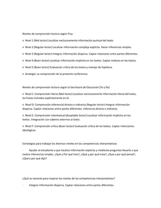 Niveles de comprensión lectora según Pisa:
n Nivel 1 (Mal lector) Localizar exclusivamente información puntual del texto
n Nivel 2 (Regular lector) Localizar información compleja explícita. Hacer inferencias simples.
n Nivel 3 (Regular lector) Integrar información dispersa. Captar relaciones entre partes diferentes.
n Nivel 4 (Buen lector) Localizar información implícita en los textos. Captar matices en los textos.
n Nivel 5 (Buen lector) Evaluación crítica de los textos y manejo de hipótesis
n Analogía: La comprensión de la presente conferencia
Niveles de comprensión lectora según la Secretaría de Educación (7o y 9o)
n Nivel C: Comprensión literal (Mal lector) Localizar exclusivamente información literal del texto,
las frases incluidas explícitamente en él.
n Nivel D: Comprensión inferencial directa e indirecta (Regular lector) Integrar información
dispersa. Captar relaciones entre partes diferentes. Inferencia directa e indirecta.
n Nivel E: Comprensión intertextual (Aceptable lector) Localizar información implícita en los
textos. Integración con saberes externos al texto.
n Nivel F: Comprensión crítica (Buen lector) Evaluación crítica de los textos. Captar intenciones
ideológicas.
Estrategias para trabajar los diversos niveles en las competencias interpretativas
· Ayudar al estudiante a que localice información explicita y mediante preguntas llevarlo a que
realice inferencias simples. ¿Qué y Por qué hizo?, ¿Qué y por qué traía?, ¿Qué y por qué pensó?,
¿Qué y por qué dijo?
¿Qué se necesita para mejorar los niveles de las competencias interpretativas?
· Integrar información dispersa. Captar relaciones entre partes diferentes.
 