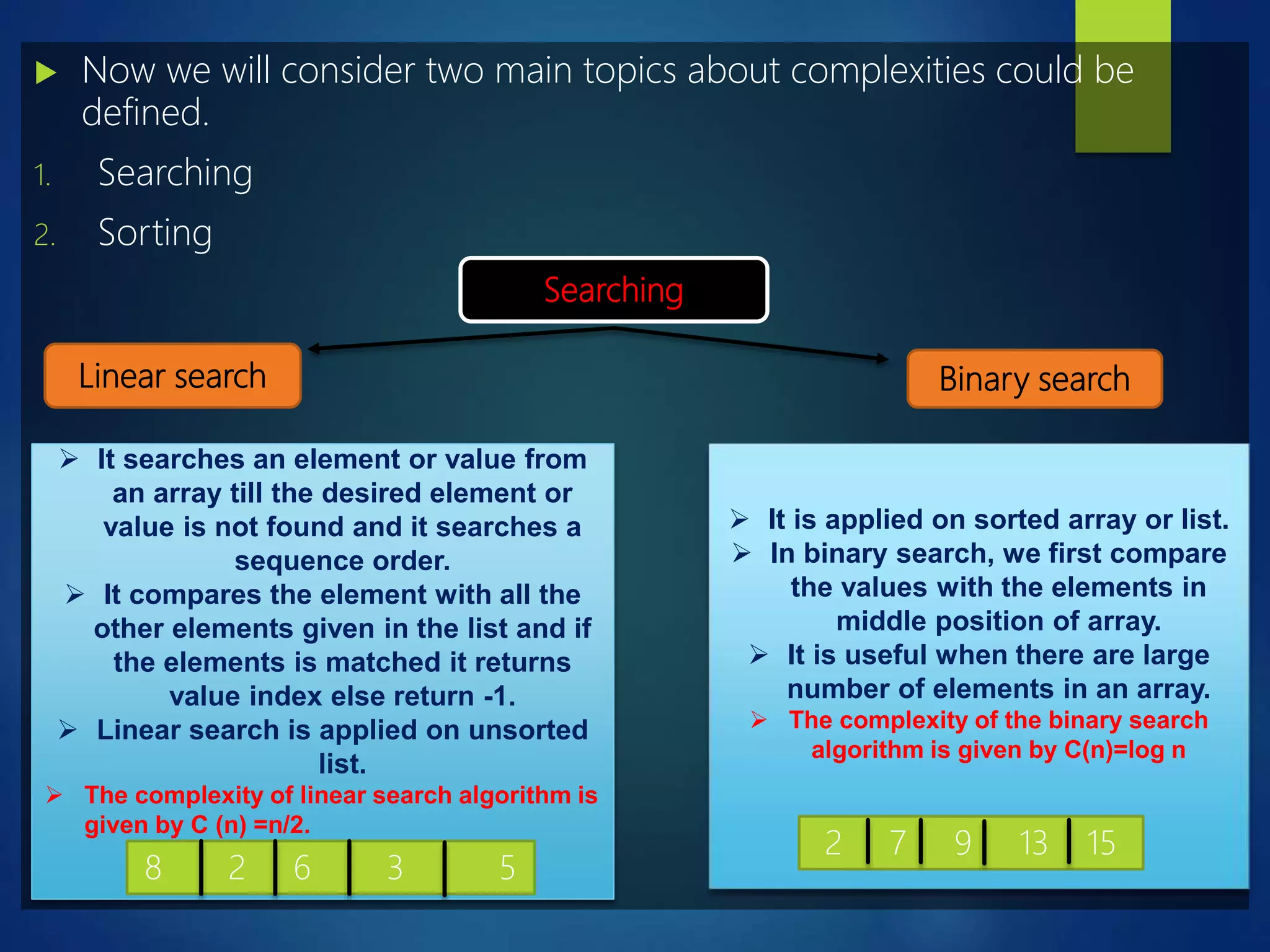  Now we will consider two main topics about complexities could be
defined.
1. Searching
2. Sorting
Searching
Linear search Binary search
 It searches an element or value from
an array till the desired element or
value is not found and it searches a
sequence order.
 It compares the element with all the
other elements given in the list and if
the elements is matched it returns
value index else return -1.
 Linear search is applied on unsorted
list.
 The complexity of linear search algorithm is
given by C (n) =n/2.
8 2 6 3 5
 It is applied on sorted array or list.
 In binary search, we first compare
the values with the elements in
middle position of array.
 It is useful when there are large
number of elements in an array.
 The complexity of the binary search
algorithm is given by C(n)=log n
2 7 9 13 15
 