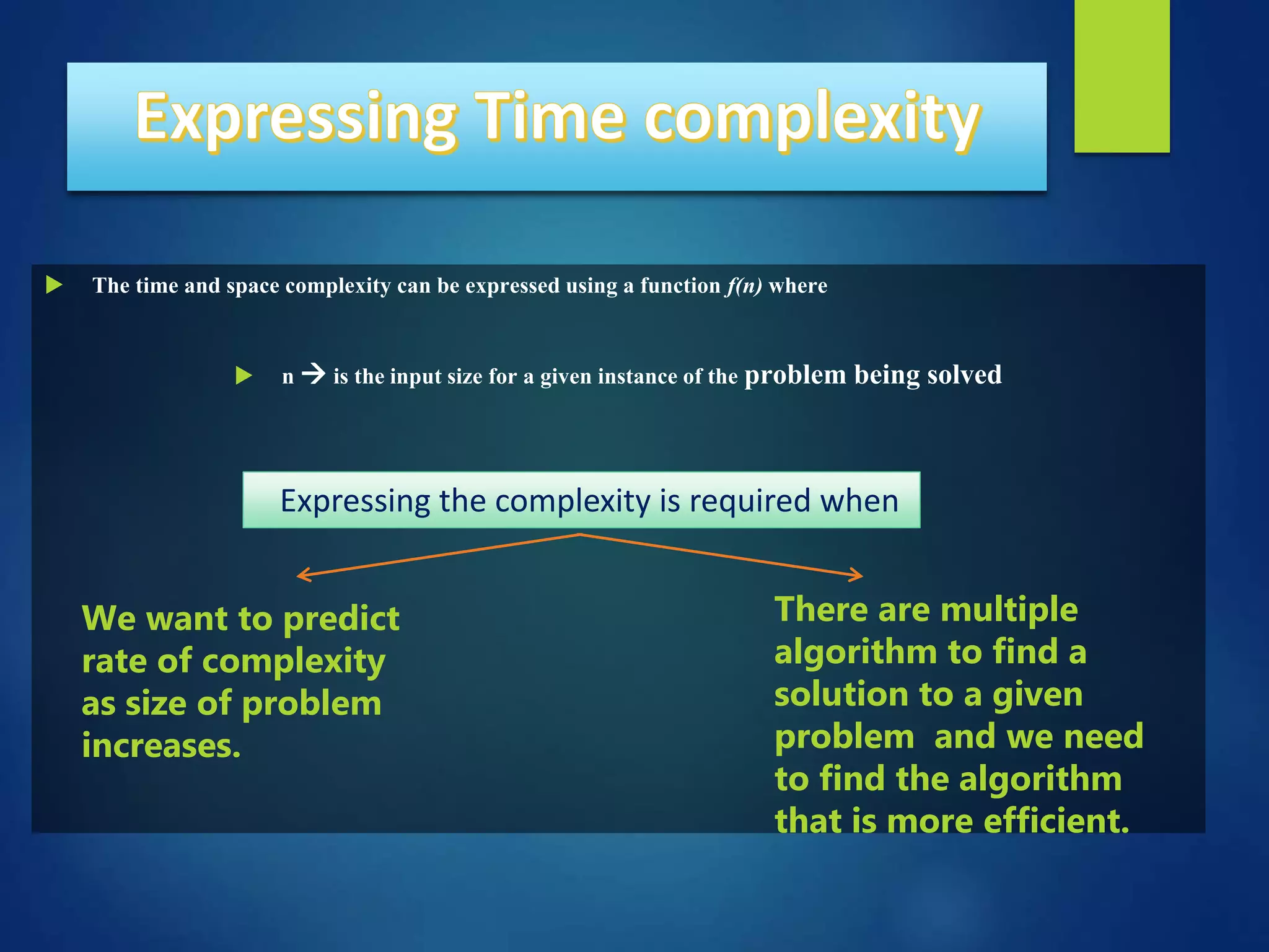  The time and space complexity can be expressed using a function f(n) where
 n  is the input size for a given instance of the problem being solved
.
We want to predict
rate of complexity
as size of problem
increases.
There are multiple
algorithm to find a
solution to a given
problem and we need
to find the algorithm
that is more efficient.
Expressing the complexity is required when
 